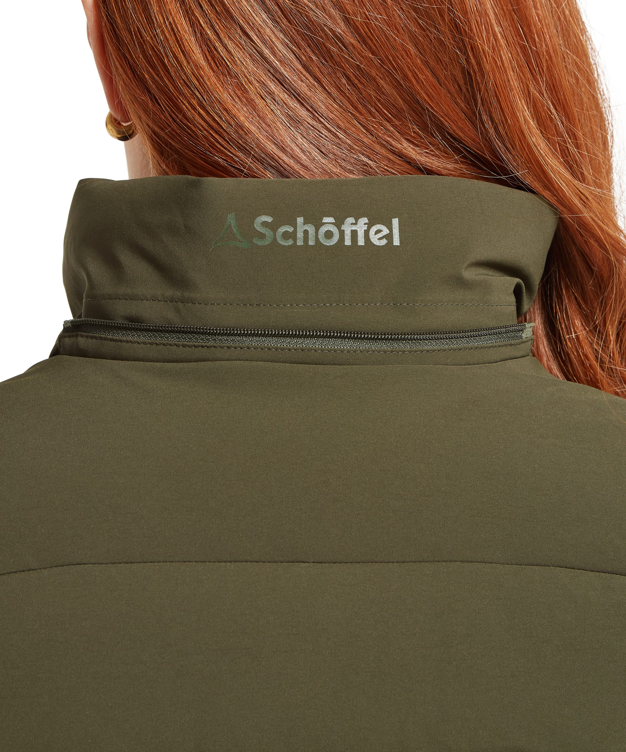 Rear collar close-up of the Schöffel Women's Hurlingham Waterproof Down Coat in green, highlighting the inner hood zip, stand collar construction, and tonal Schöffel branding on the back neck