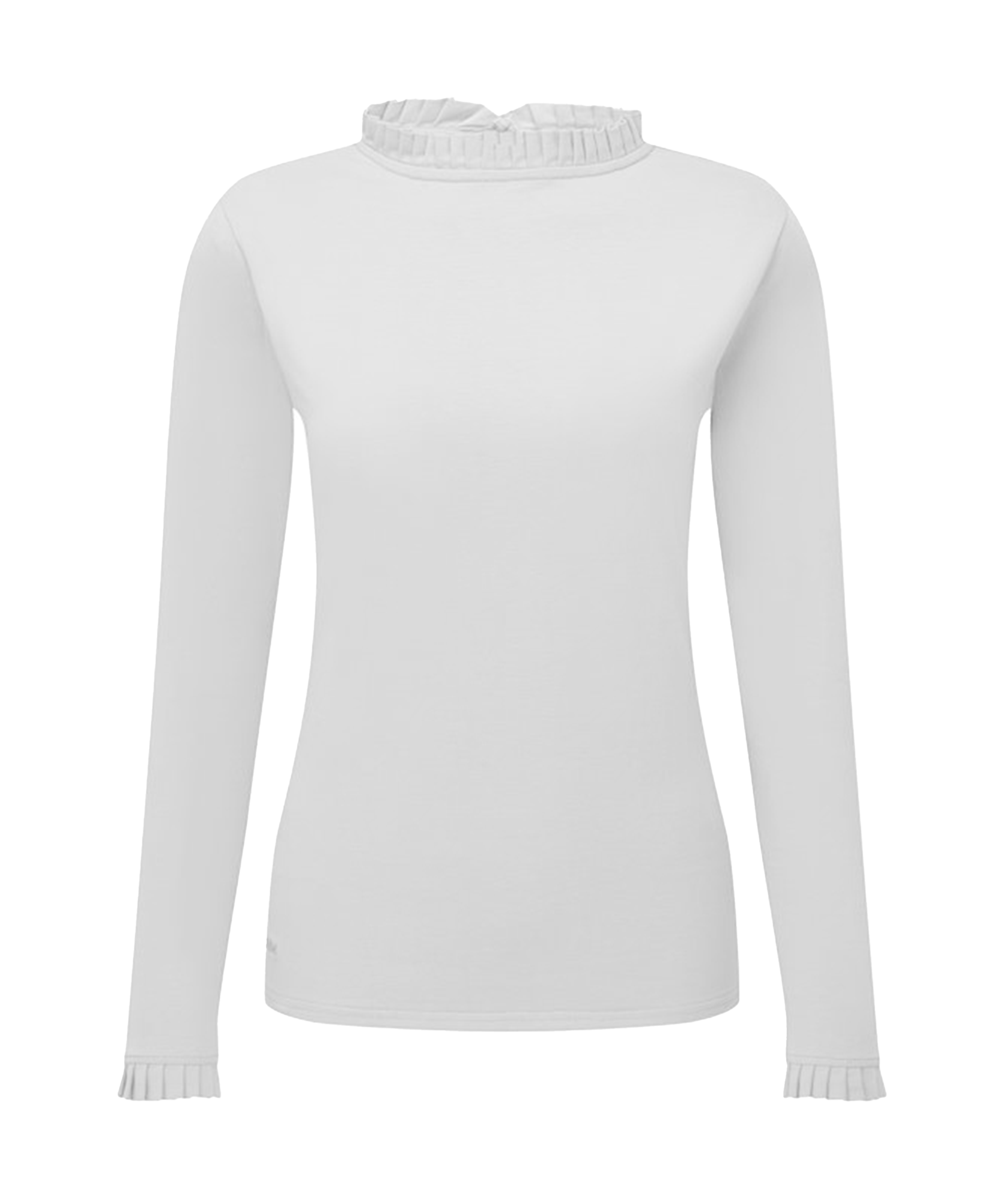 White long-sleeve top with a mock neck on a white background
