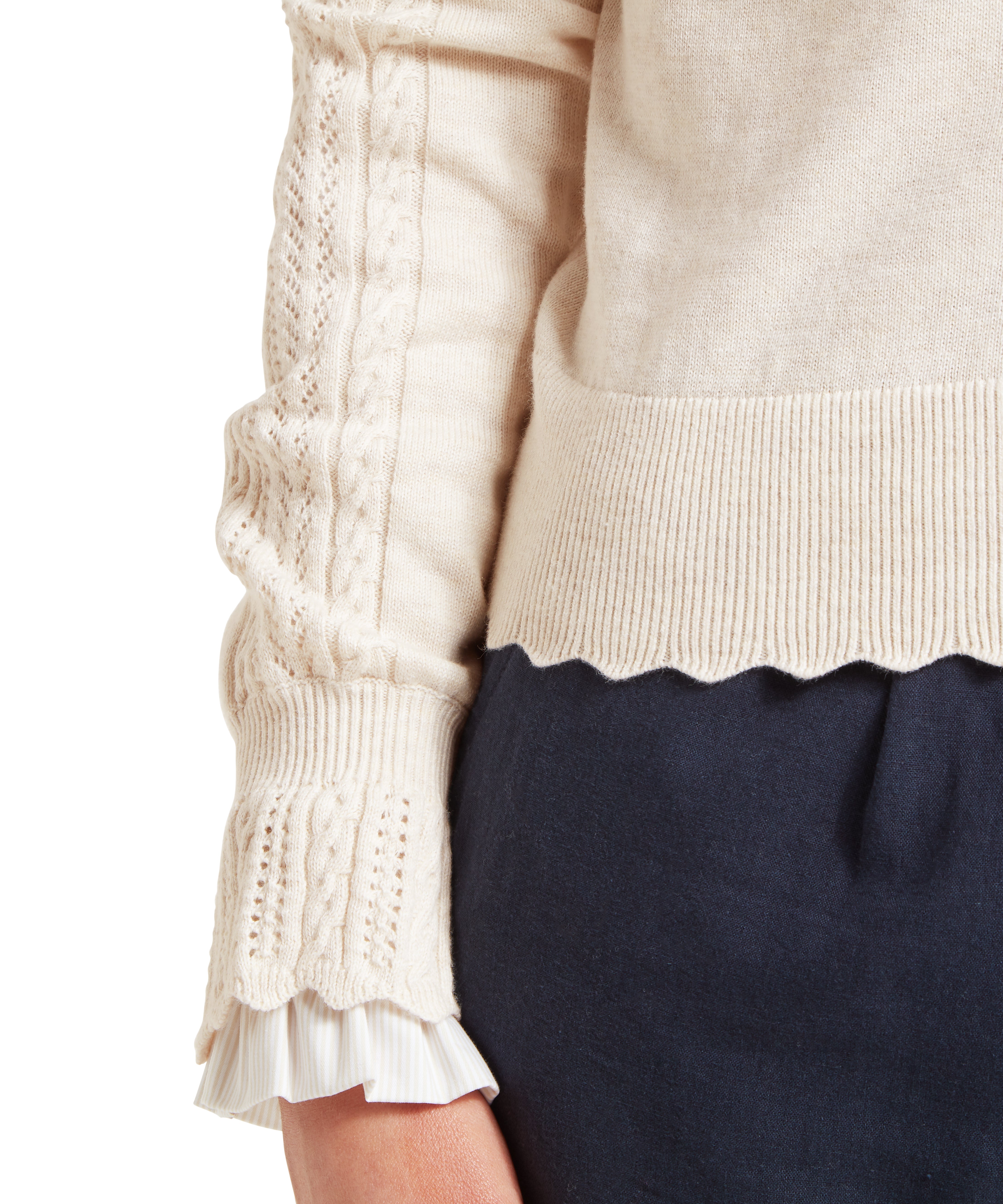 Close-up of a person’s torso wearing a cream-colored knitted jumper with cable knit sleeve detailing and a scalloped hemline. A white shirt with vertical stripes and a ruffled cuff is visible at the wrist. Paired with dark blue trousers, the outfit is shown against a plain white background.