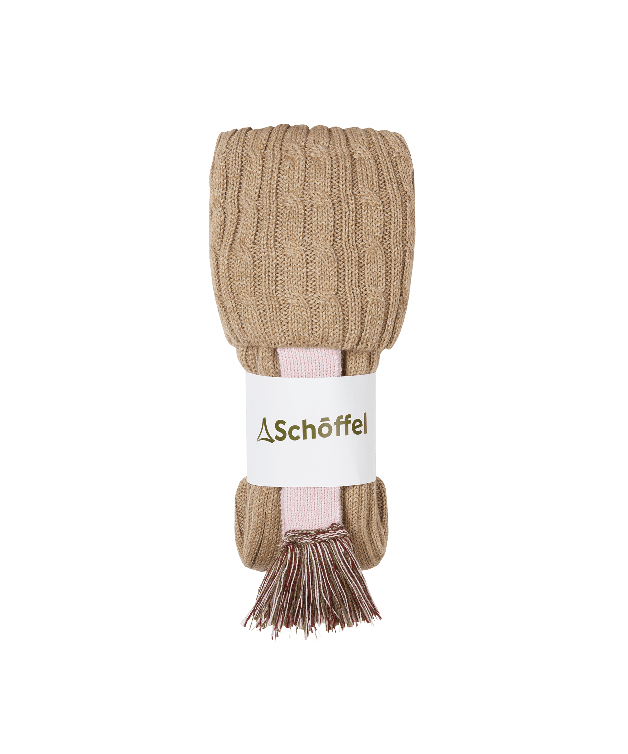 Schöffel Women's Lilymere Sock in Beige — cable-knit shooting sock in warm oatmeal with a pale pink garter and tassel tie, a beautifully finished country accessory for wearing with breeches or wellies
