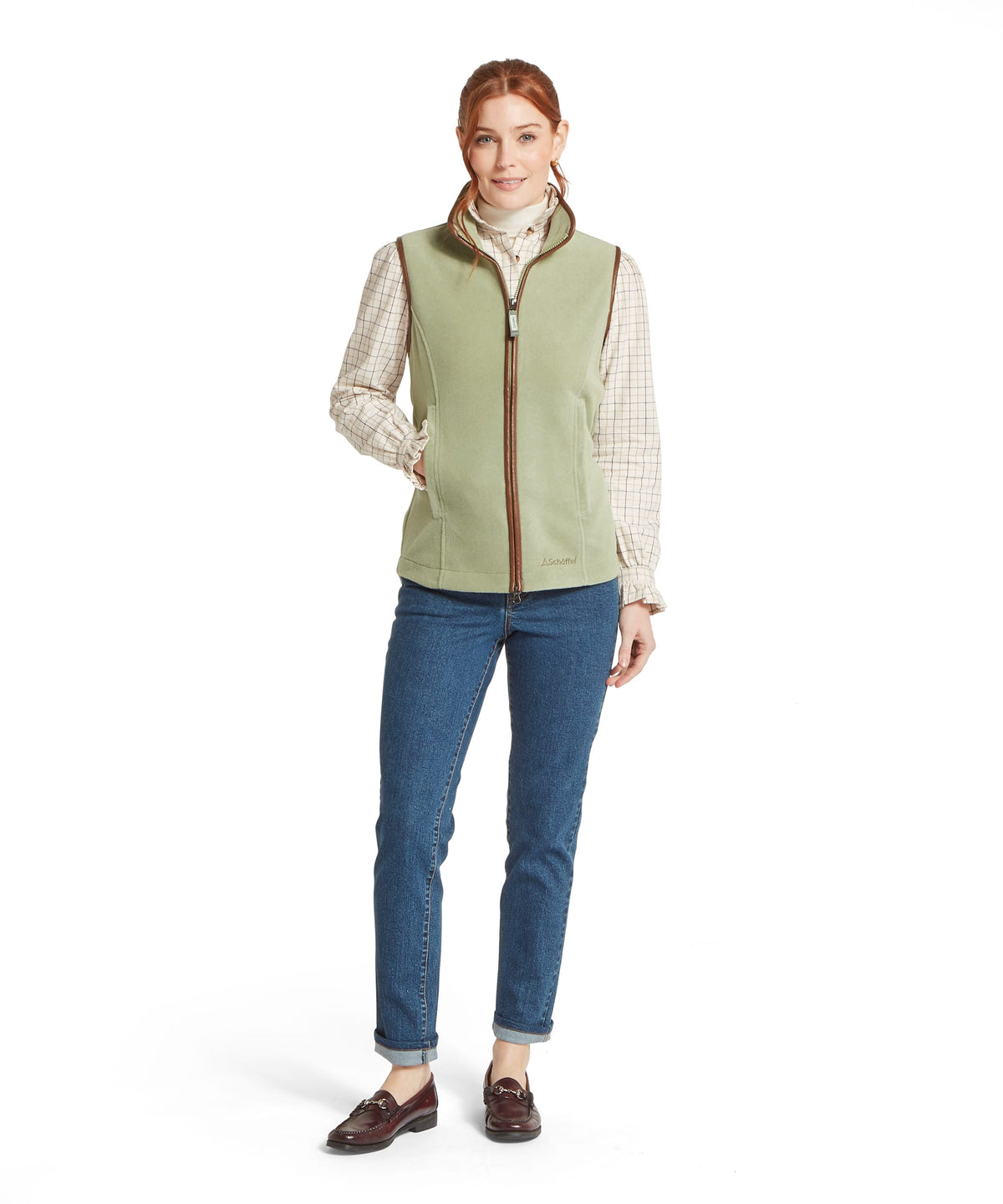 Lyndon fleece gilet in sage green with zip front brown trim and subtle brand logo on lower front
