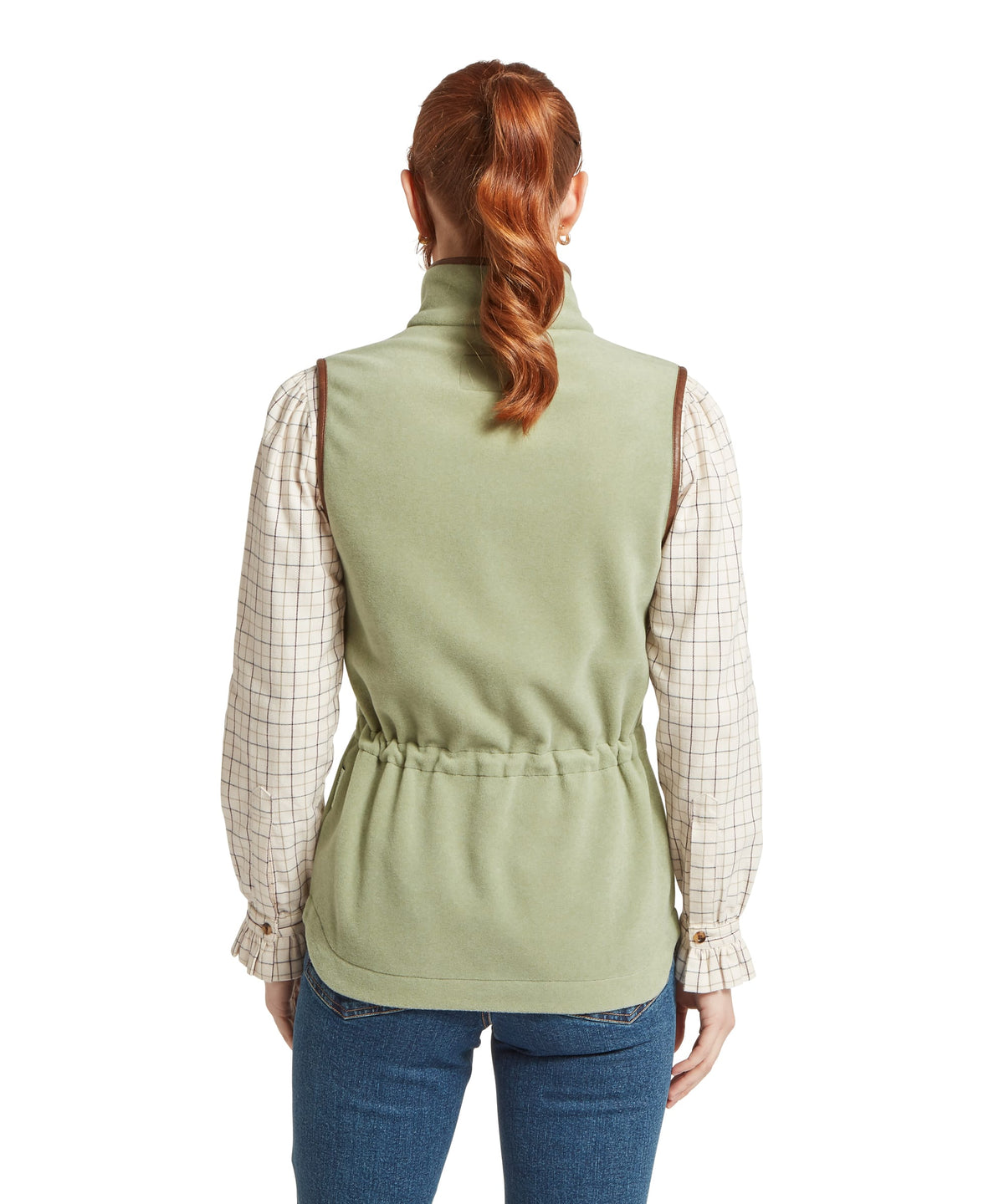 Lyndon fleece gilet sage green with brown leather trim high collar and elasticated waistband