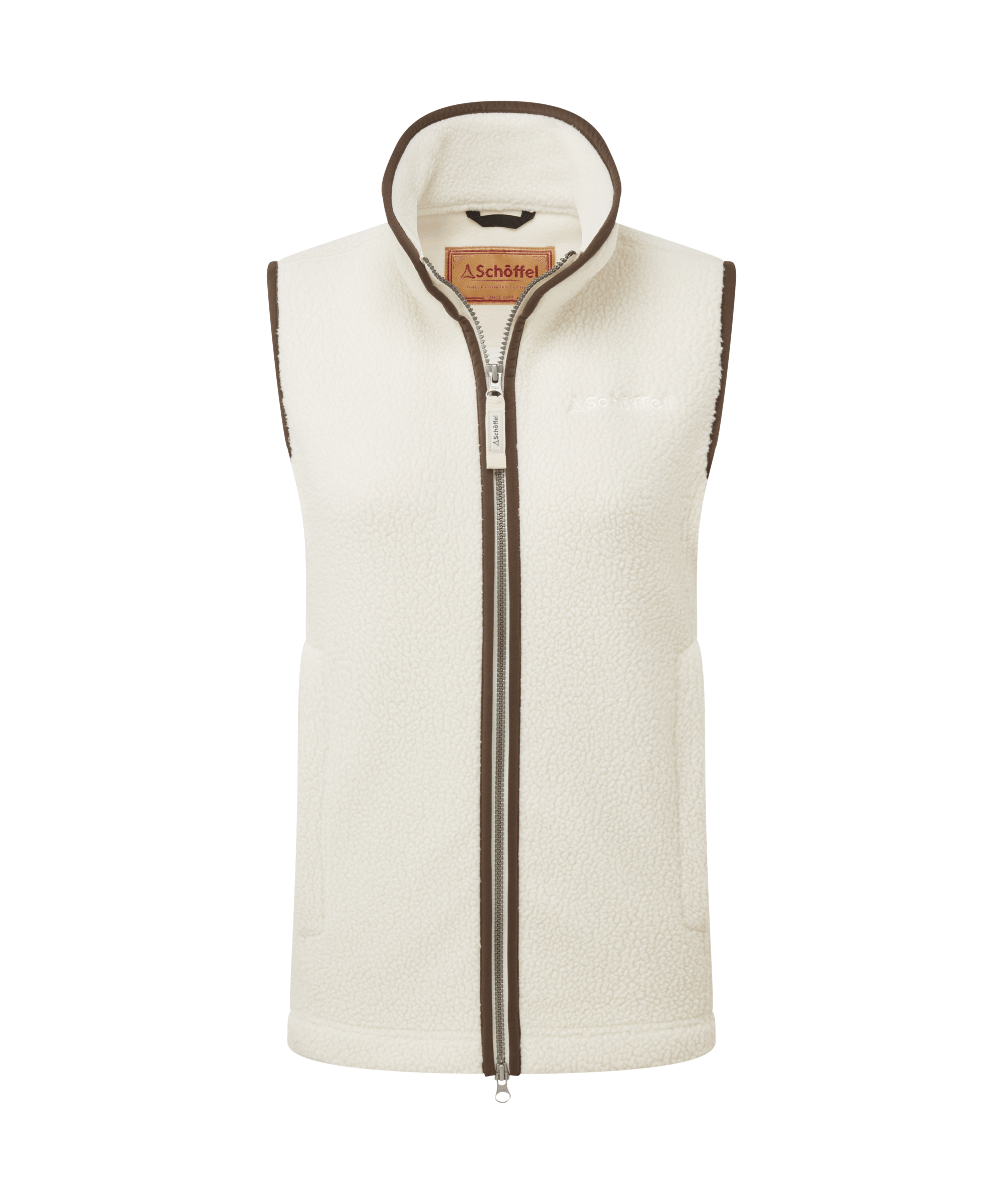 White fleece gilet with brown trim on a white background
