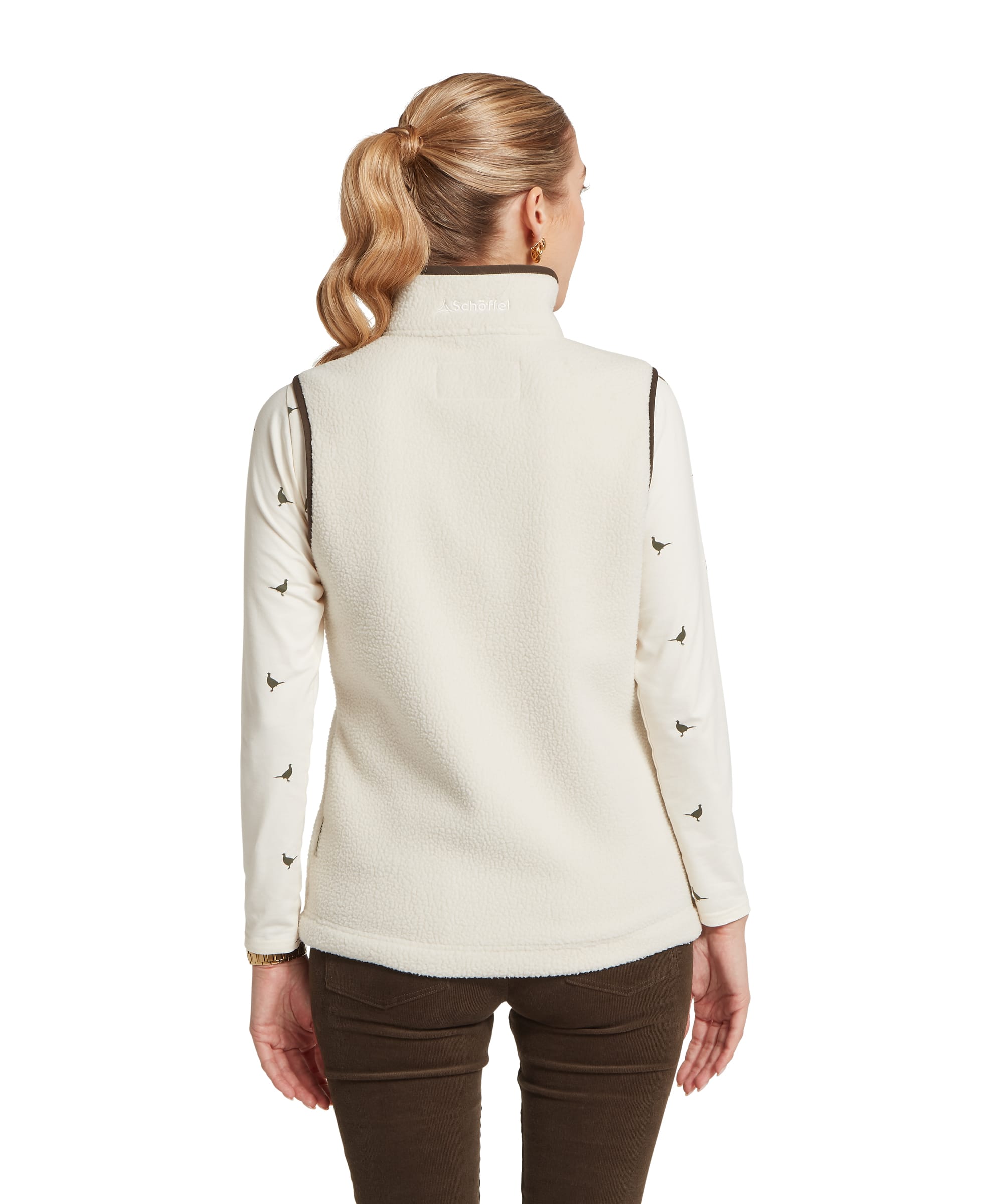 Schöffel Women's Lyndon Retro Fleece Gilet in Cream — rear view showing sherpa fleece texture and Schöffel logo embroidery at collar
