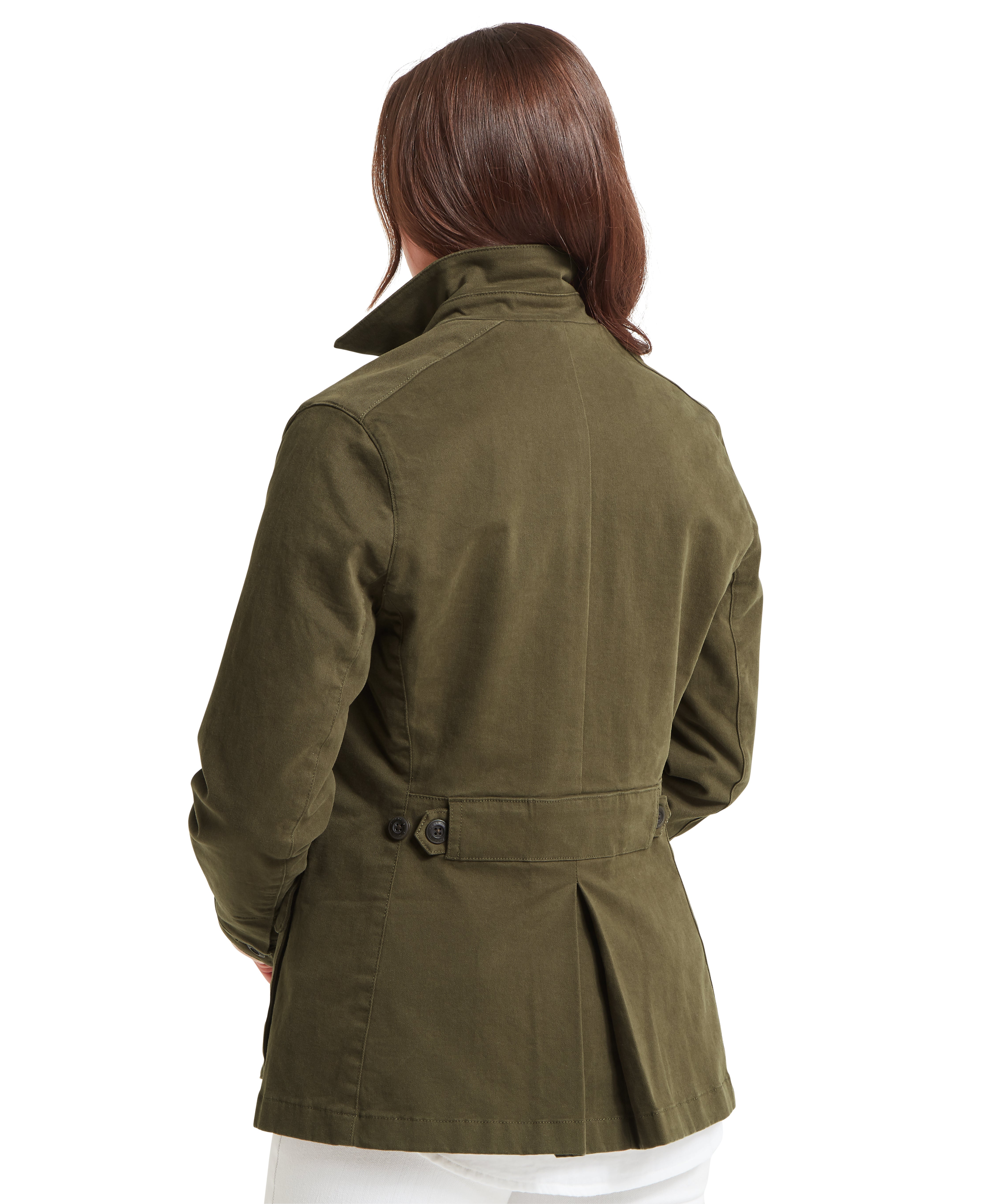 Back view of a person wearing an olive green jacket with a high collar, structured shoulders, and fitted waist featuring buttoned side tabs. A central pleat adds tailored detail to the back. The individual has long, straight brown hair and is posed against a plain white background.