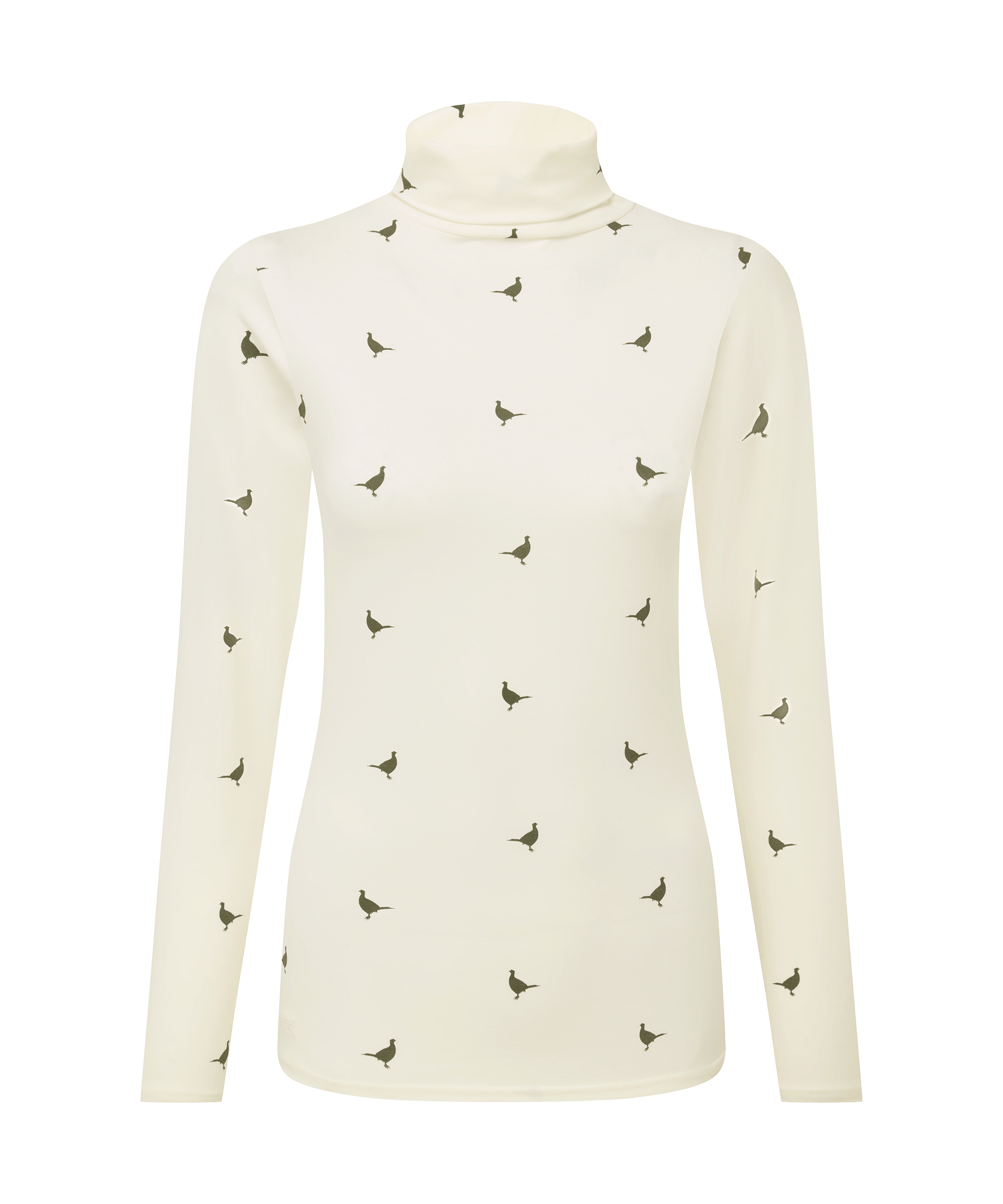 Schöffel Women's Malham Top in Beige — fitted roll-neck top in cream with an all-over pheasant print, a charming country-inspired layering piece for the shooting season