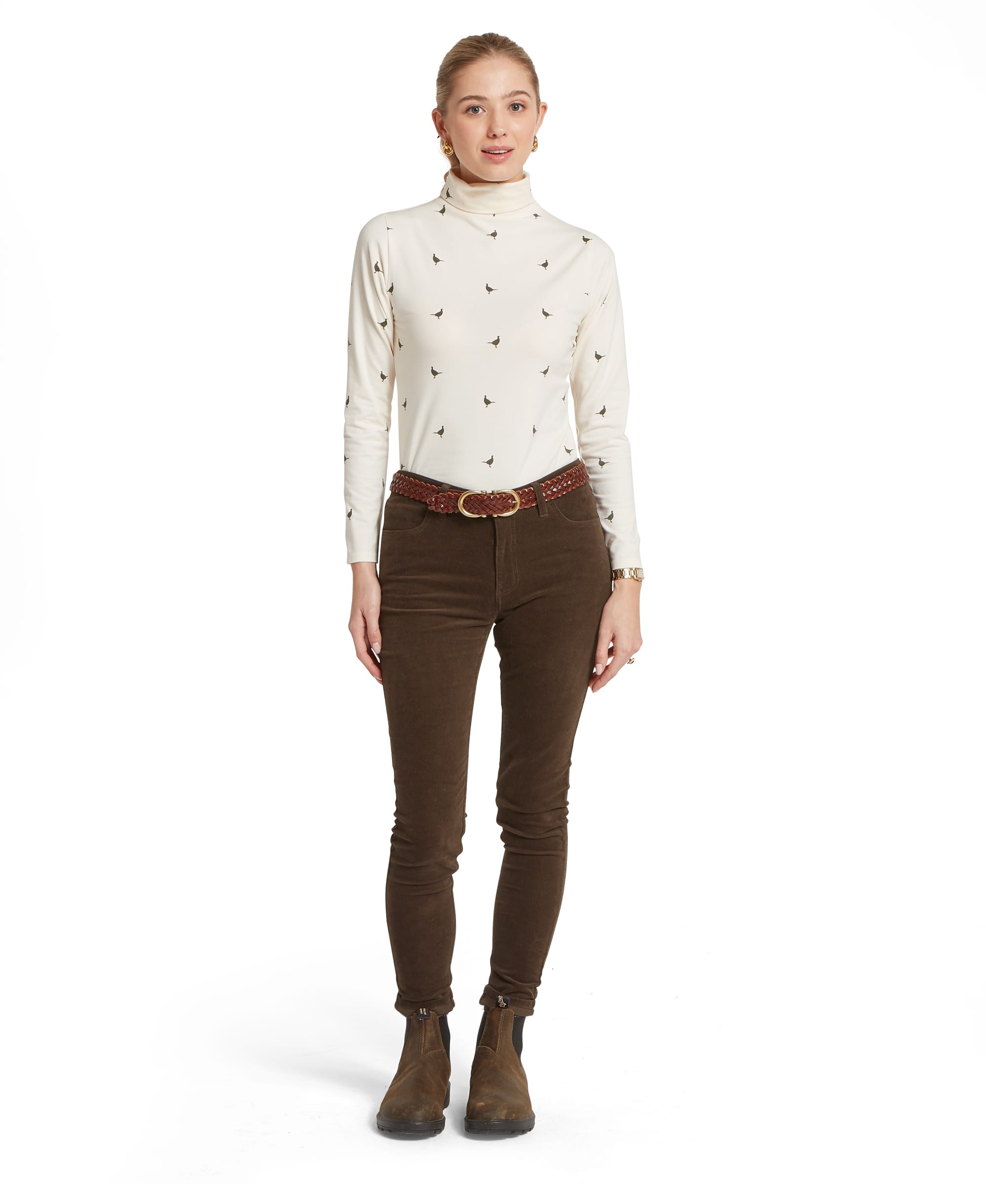 Schöffel Women's Malham Top in Ecru Pheasant Print — full-length front view styled with slim dark cord trousers, braided belt and ankle boots