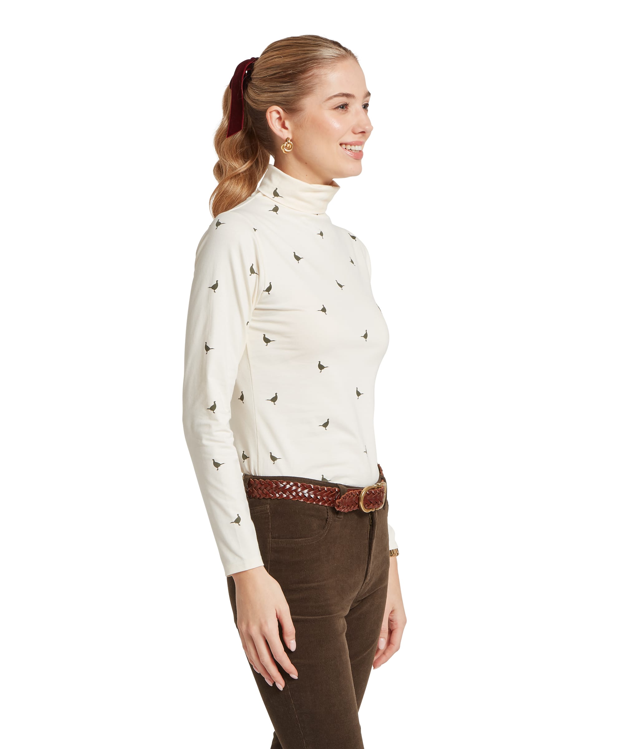 Schöffel Women's Malham Top in Ecru Pheasant Print — side profile showing slim fit, roll neck and scattered pheasant print detail