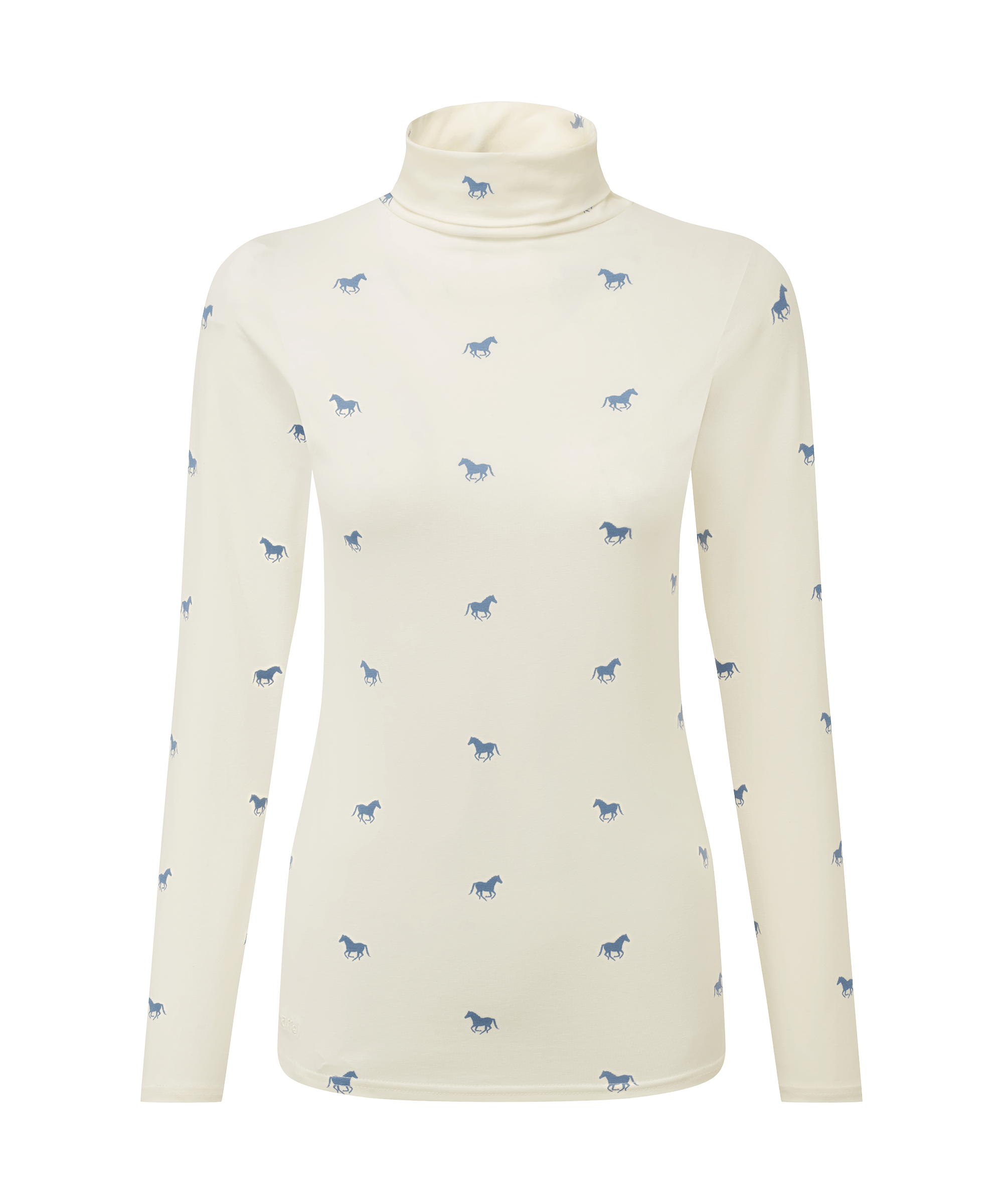 White turtleneck long sleeve top with horse pattern on a white background