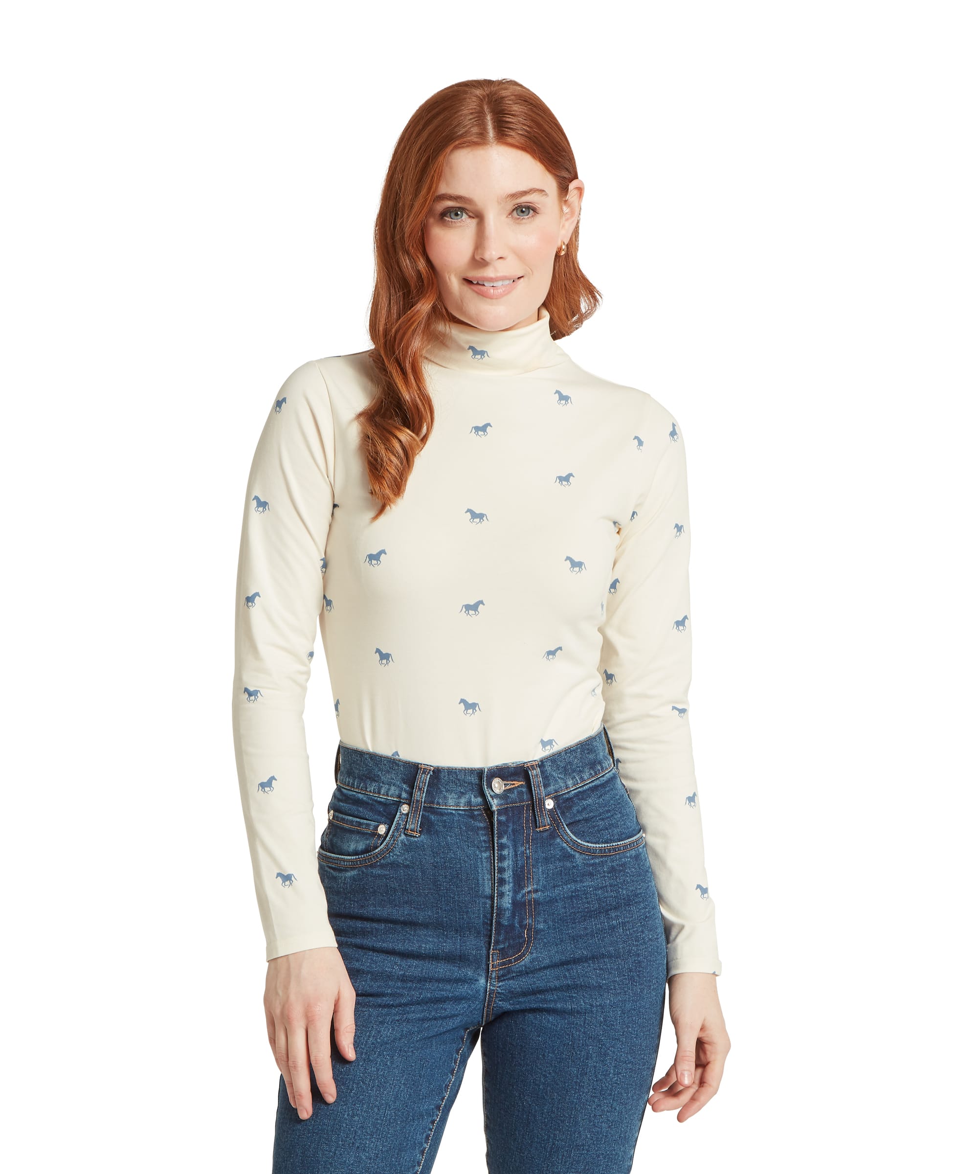 Schöffel Women's Malham Top in Ecru Horse Print — front view of fitted roll neck long-sleeve top with all-over galloping horse motif in blue, styled with straight-leg jeans