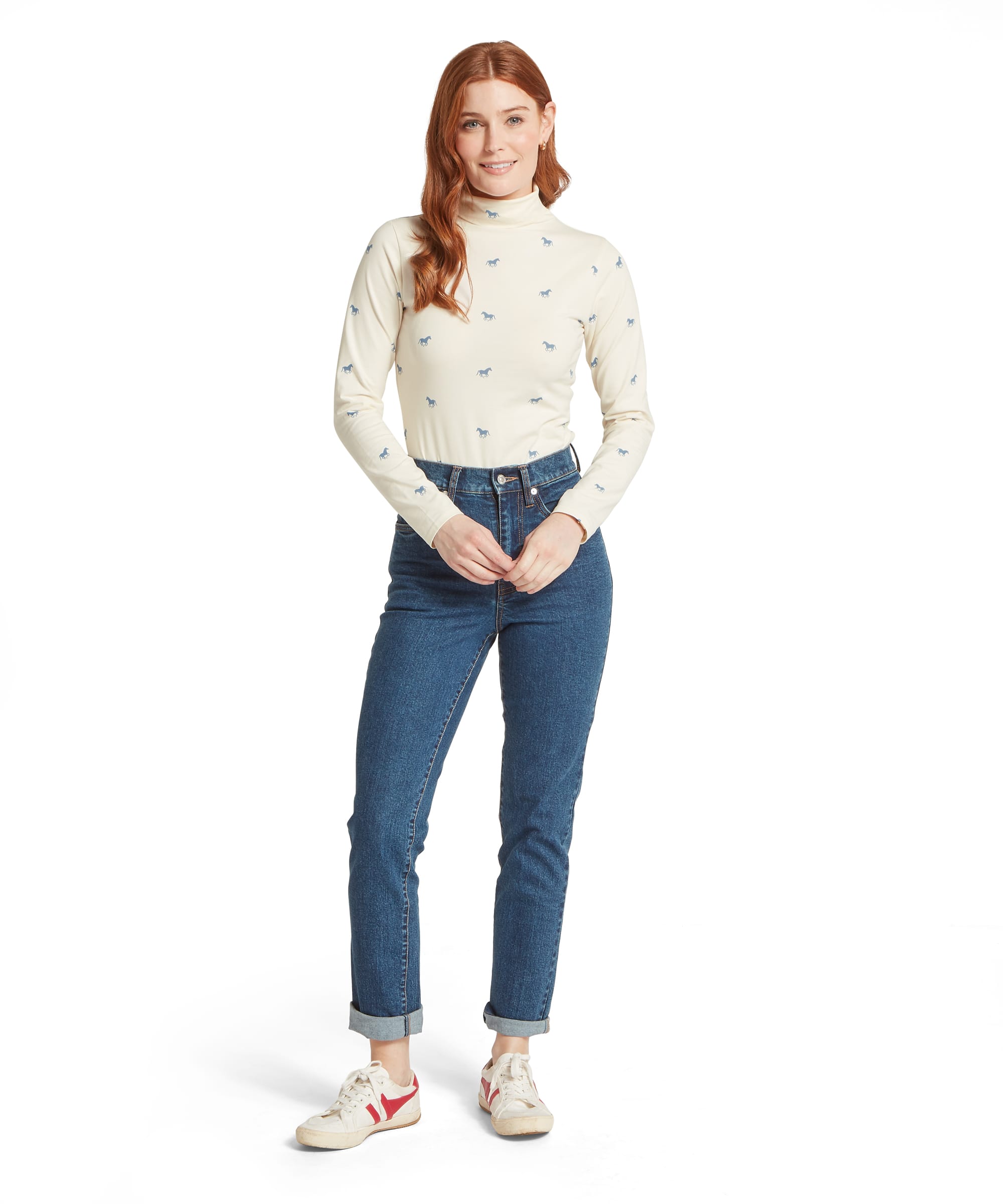 Schöffel Women's Malham Top in Ecru Horse Print — full-length front view styled with straight-leg jeans, turned-up hems and white trainers