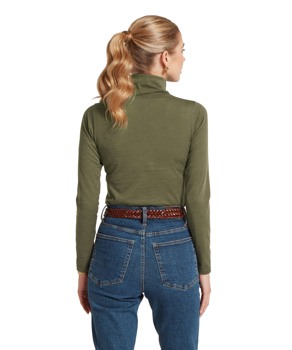 Olive green long-sleeved turtleneck merino wool top in dark khaki green for warmth and style