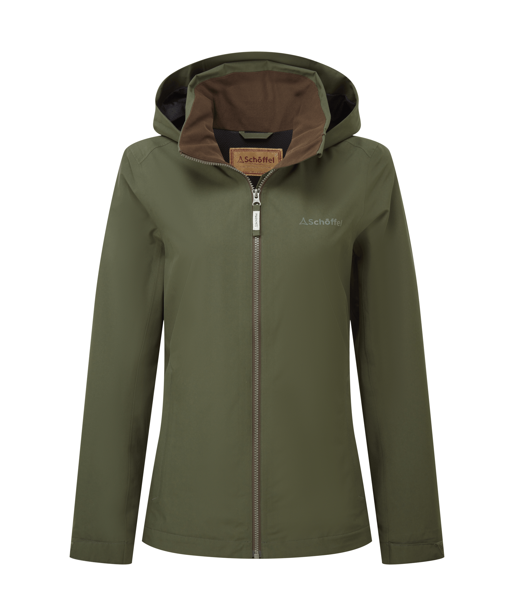 Schöffel Women's Manton Lightweight Jacket in Green — fitted waterproof jacket in olive green with a detachable hood, full-length zip and contrast tan lining, a hardworking and stylish country essential