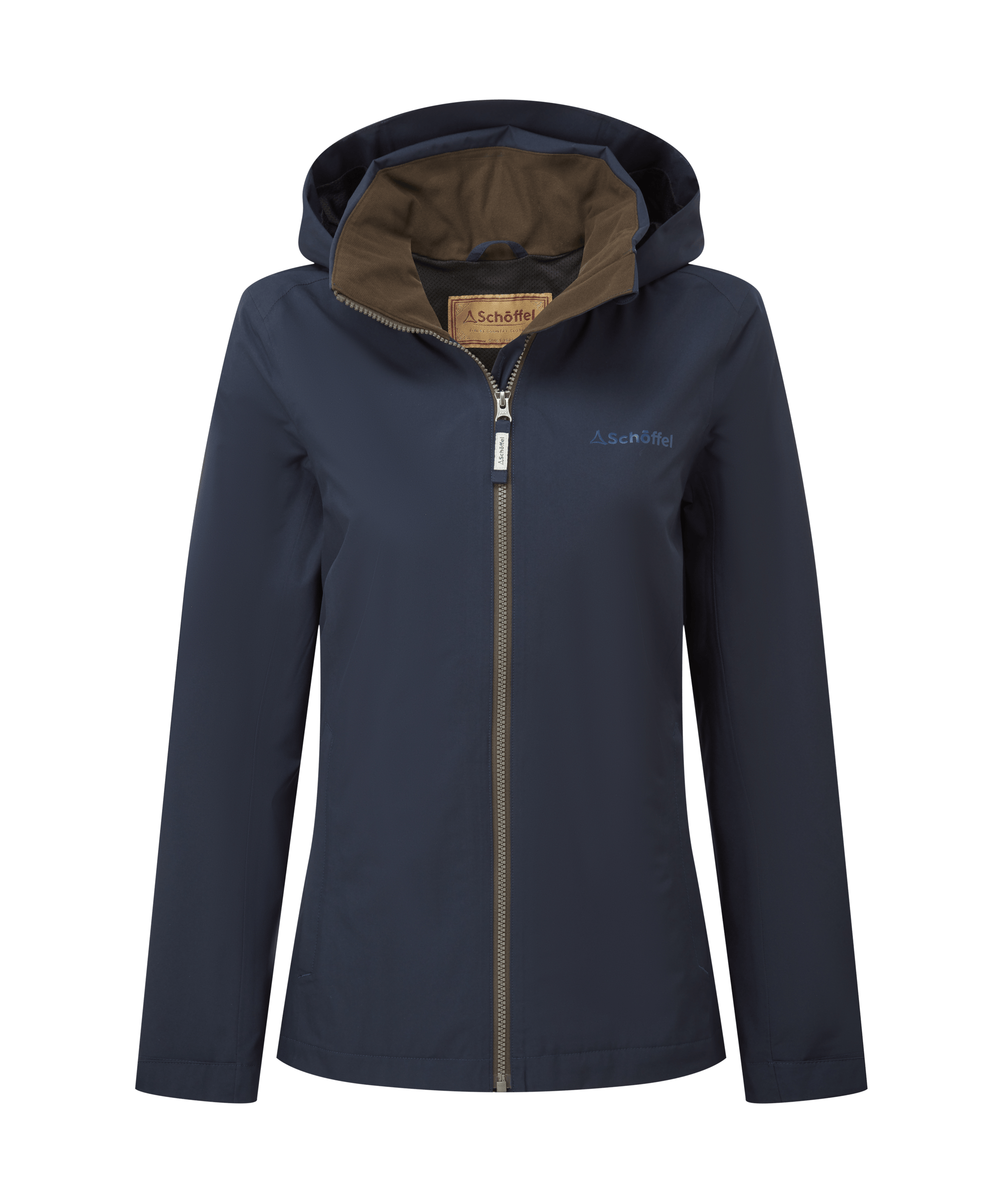 Navy blue Schoffel jacket with a hood on a white background