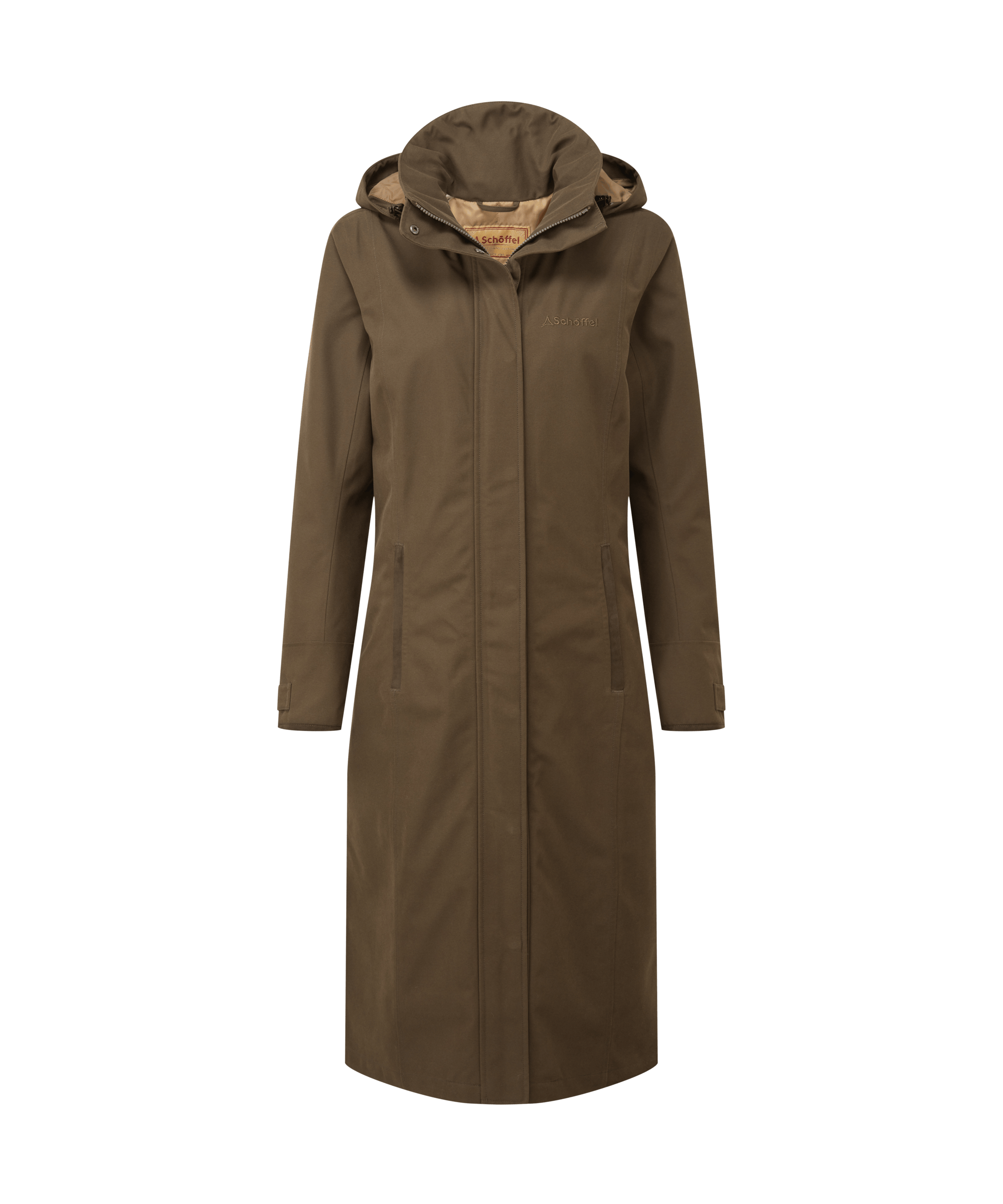 Schöffel women's long waterproof coat in dark olive with a tan fleece-lined hood