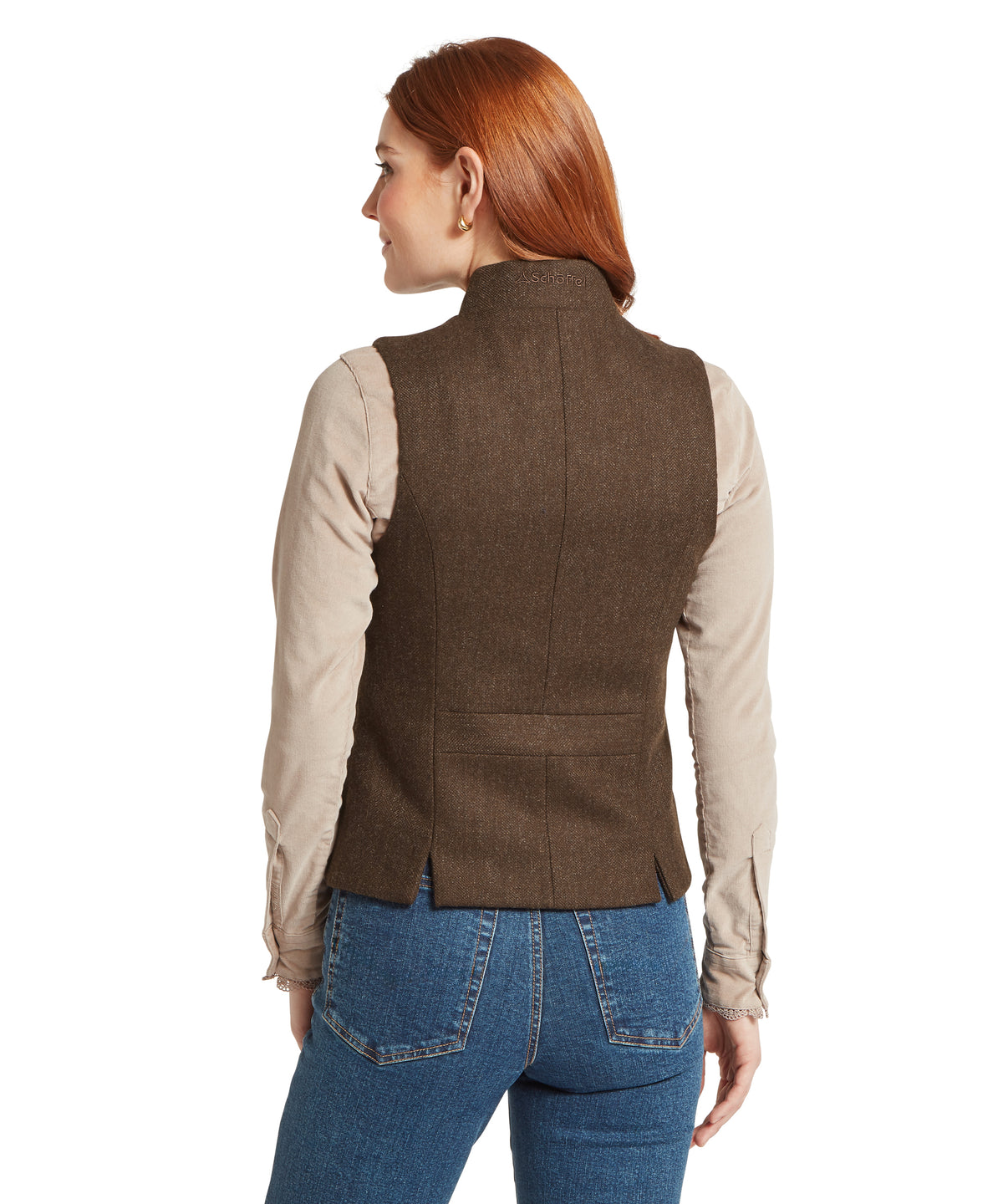 Brown textured wool Millport Tweed Nehru waistcoat with high collar and two back pockets shown from