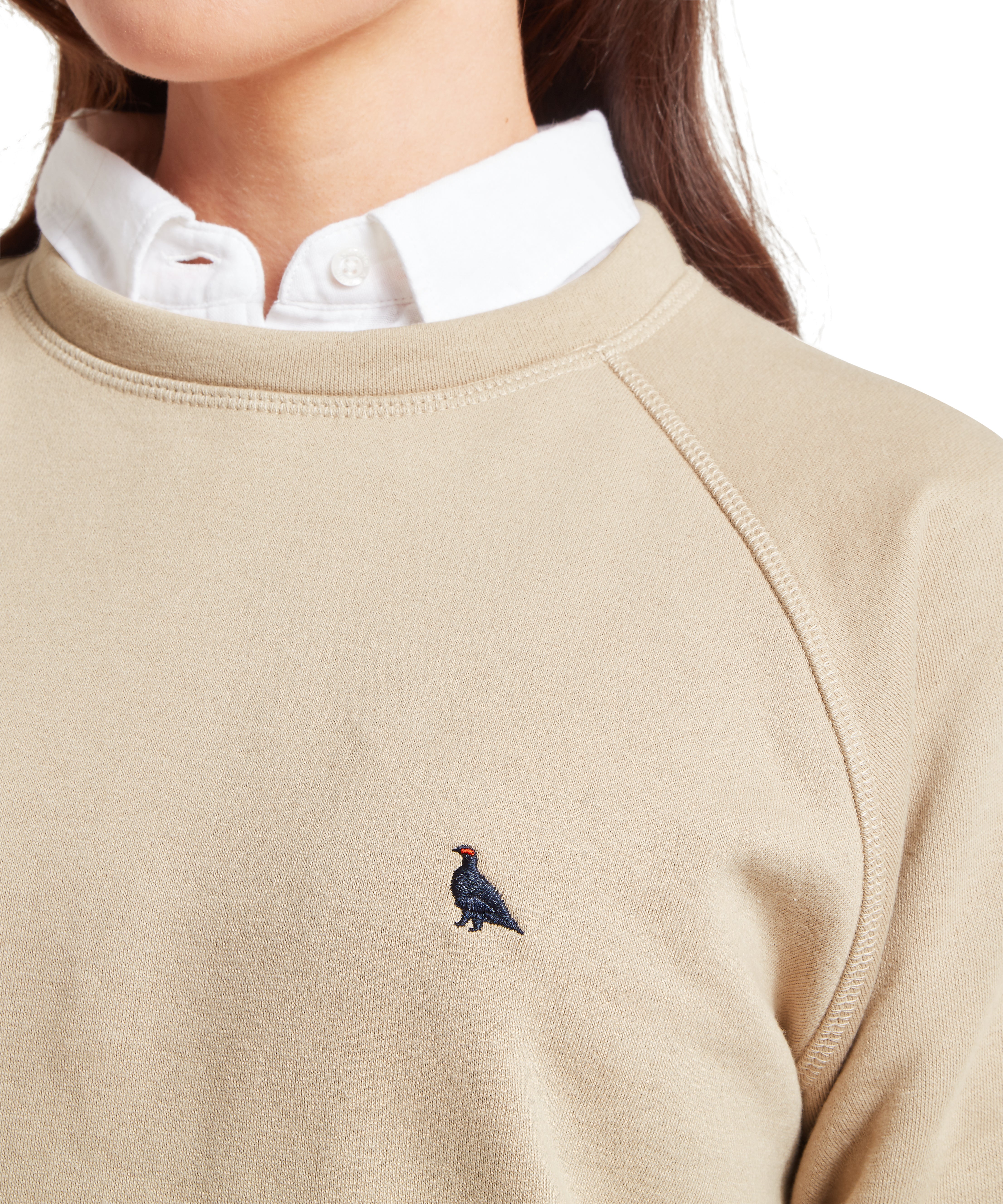 Close up of beige sweatshirt with a small embroidered ptarmigan design on a white background