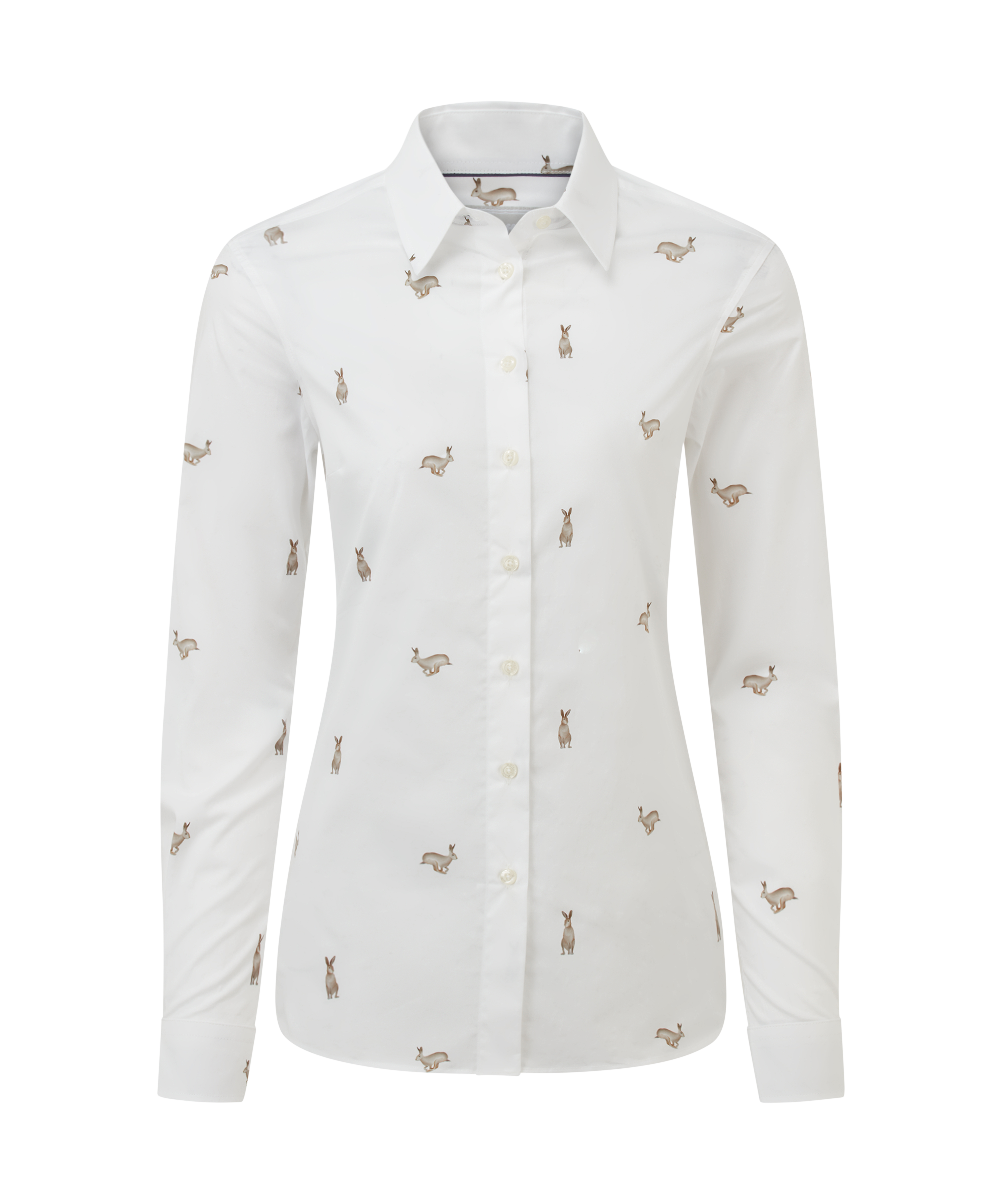 White long-sleeve fitted button-up shirt with a collar, featuring a repeating hare pattern in various poses.