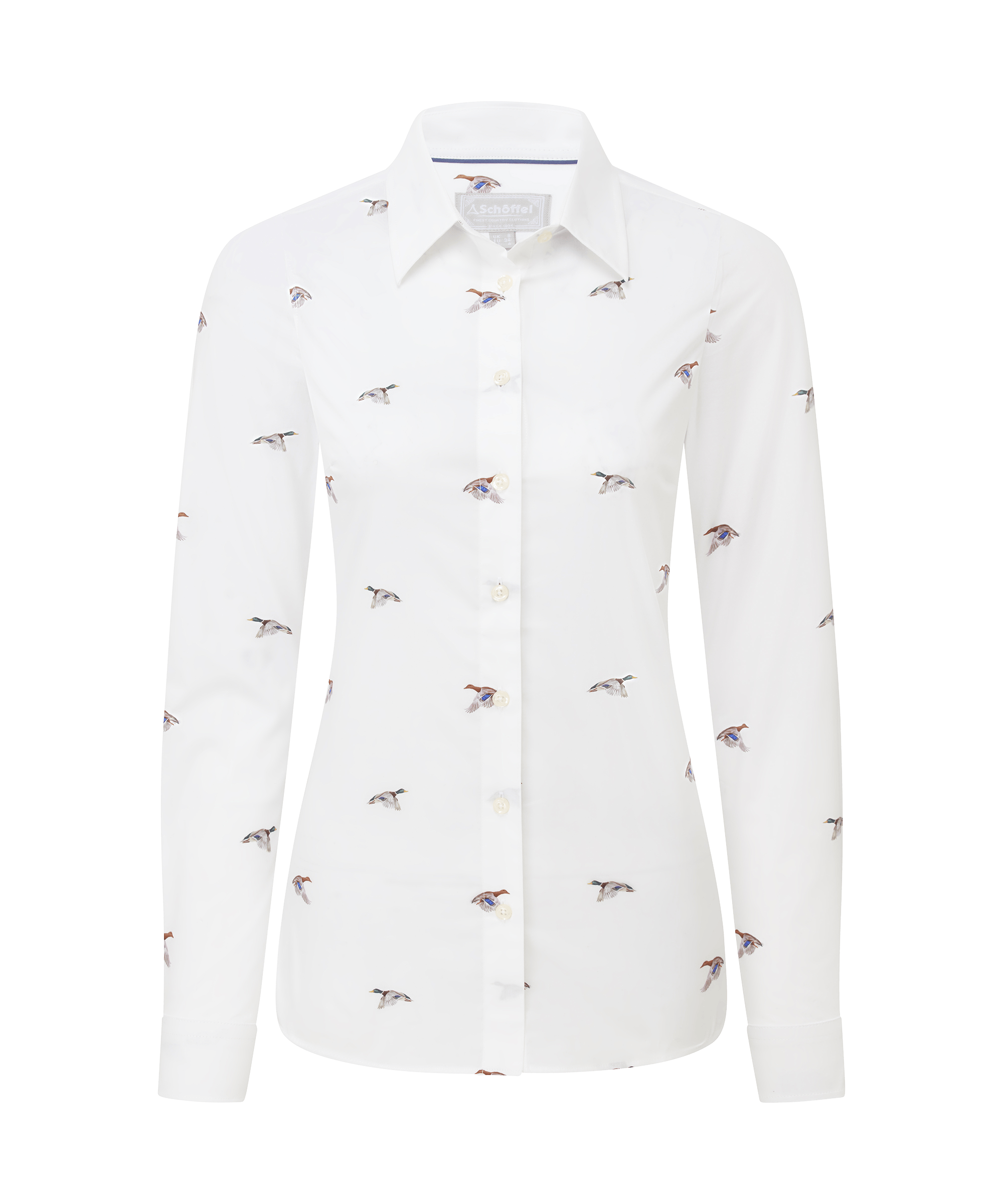 Schöffel Women's Norfolk Shirt in White — tailored fitted shirt in crisp white with an all-over flying mallard duck print, button cuffs and a classic pointed collar, a charming and distinctive country piece