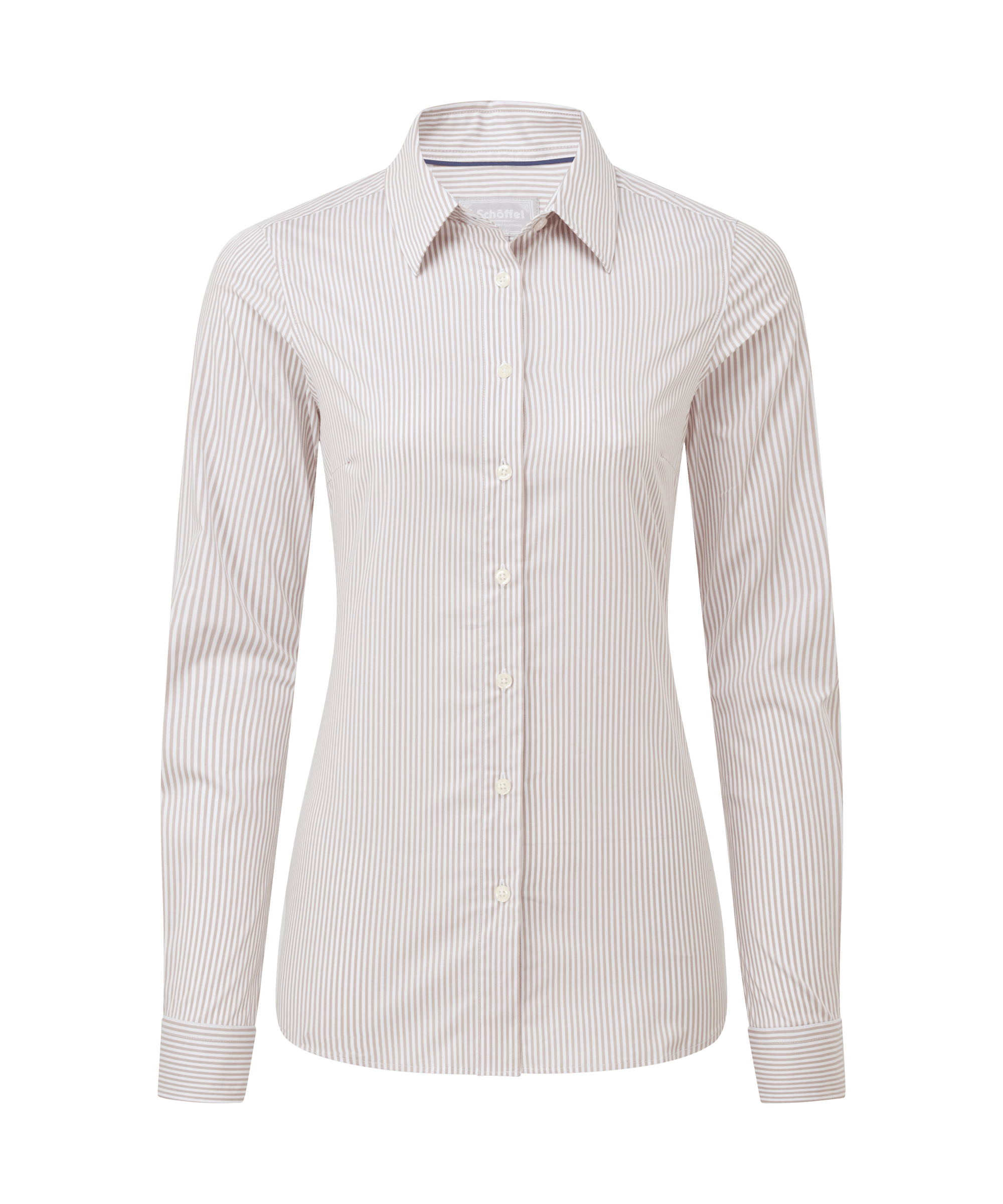 Schöffel Women's Norfolk Shirt in Stone — tailored fitted shirt in a classic stone and white stripe with button cuffs, a refined and versatile piece for country pursuits