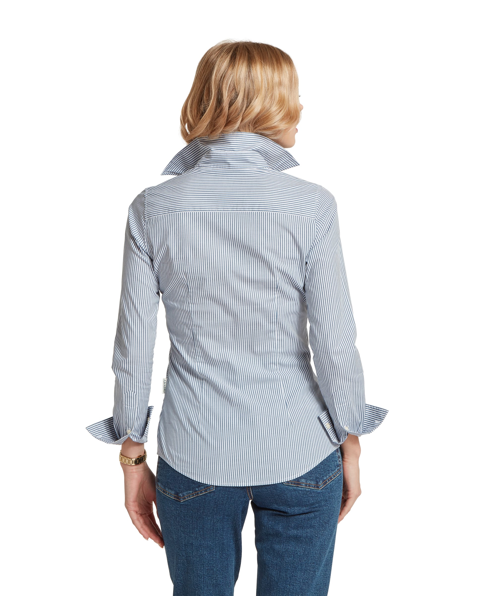 Rear view of the Women's Schöffel Norfolk Shirt in navy stripe, showing the clean back seaming, fitted silhouette, Schöffel branded cuff label and turned-back double cuffs, paired with blue denim jeans.