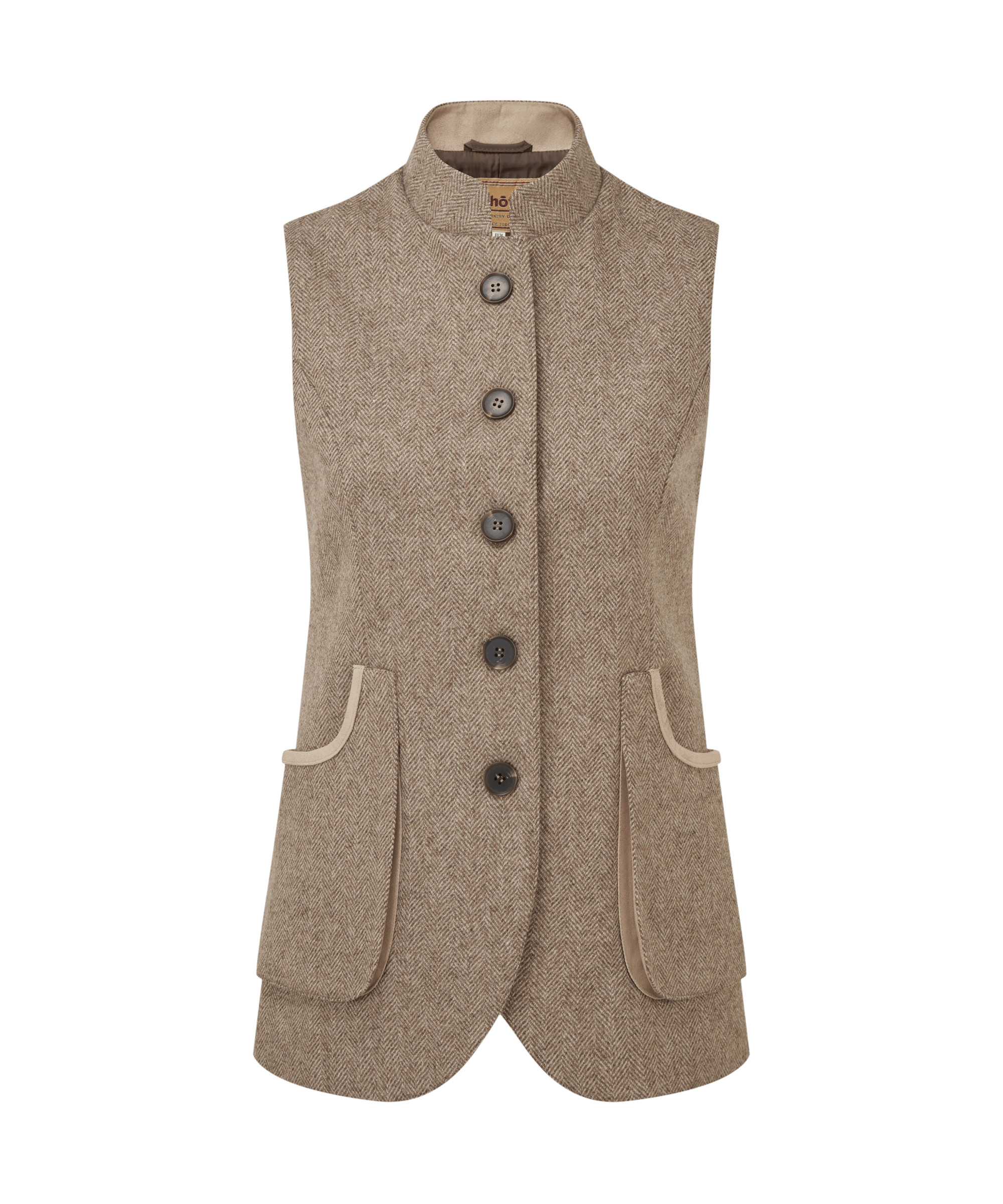 Beige tweed waistcoat with button details on a white background