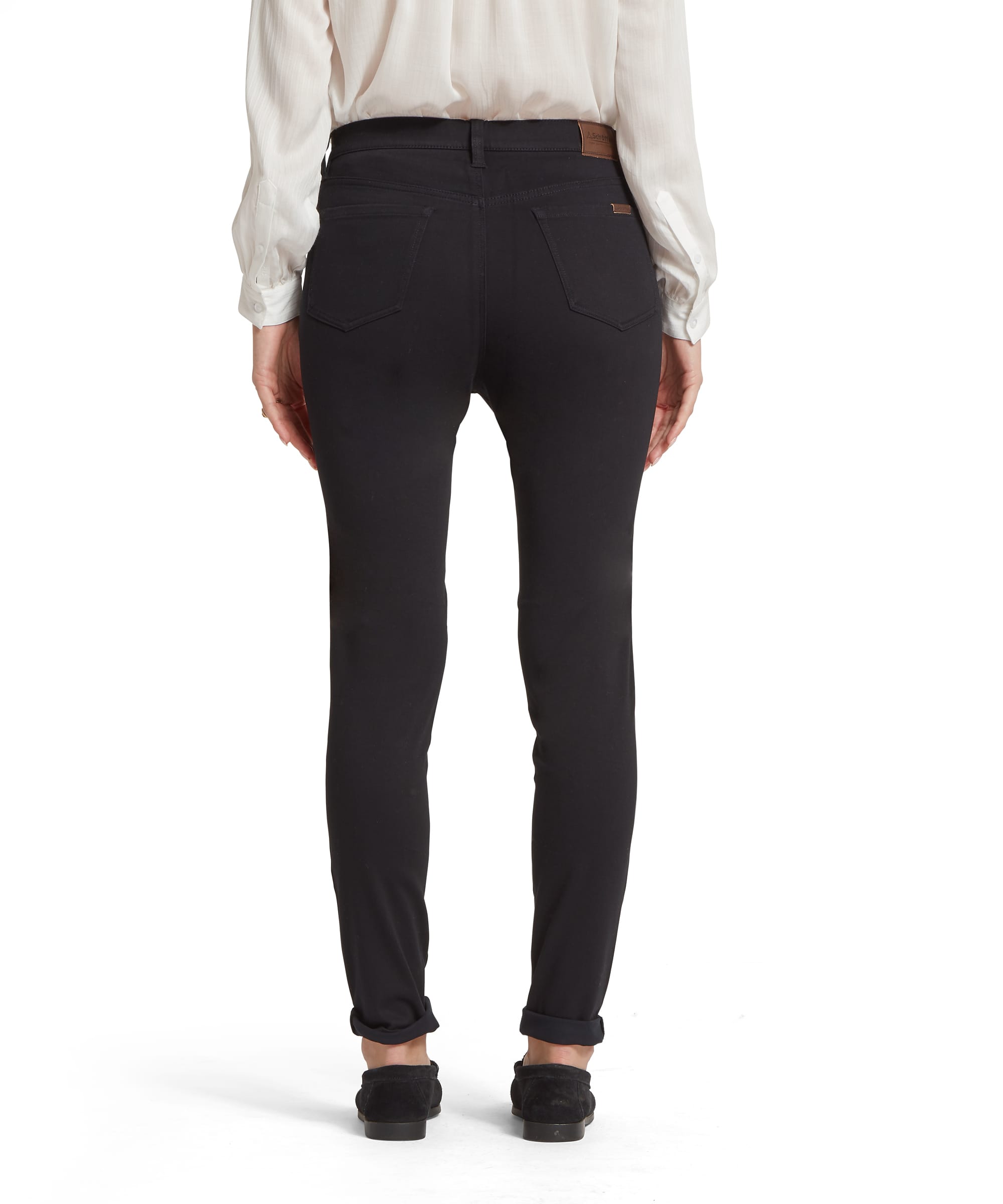 Poppy jeans black slim-fit jeans with brown leather belt loop and subtle stitching details