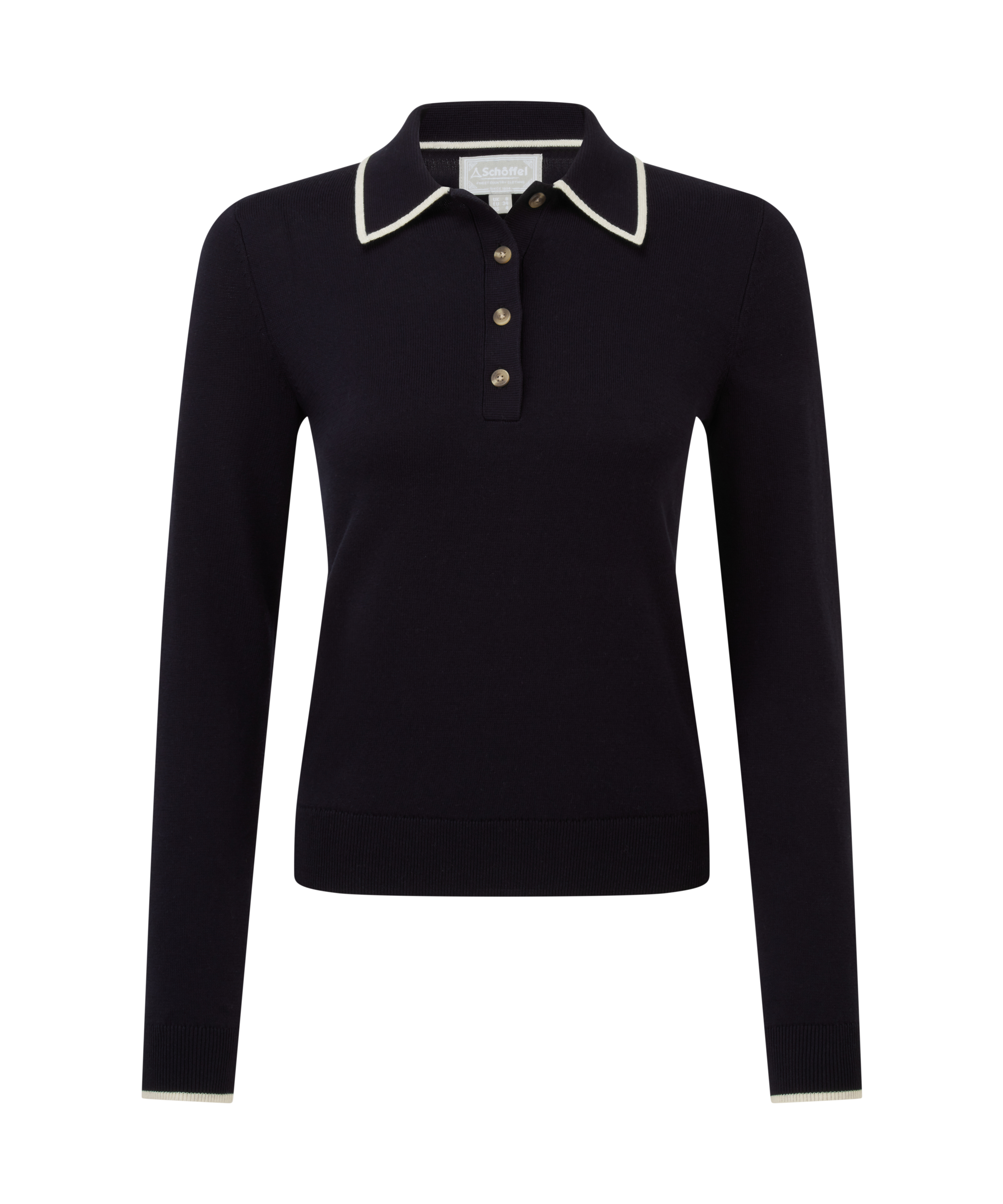 Long-sleeve dark navy knit polo jumper with a four-button placket, white contrast piping on the collar and cuffs, and ribbed hem and sleeves, shown against a transparent background.