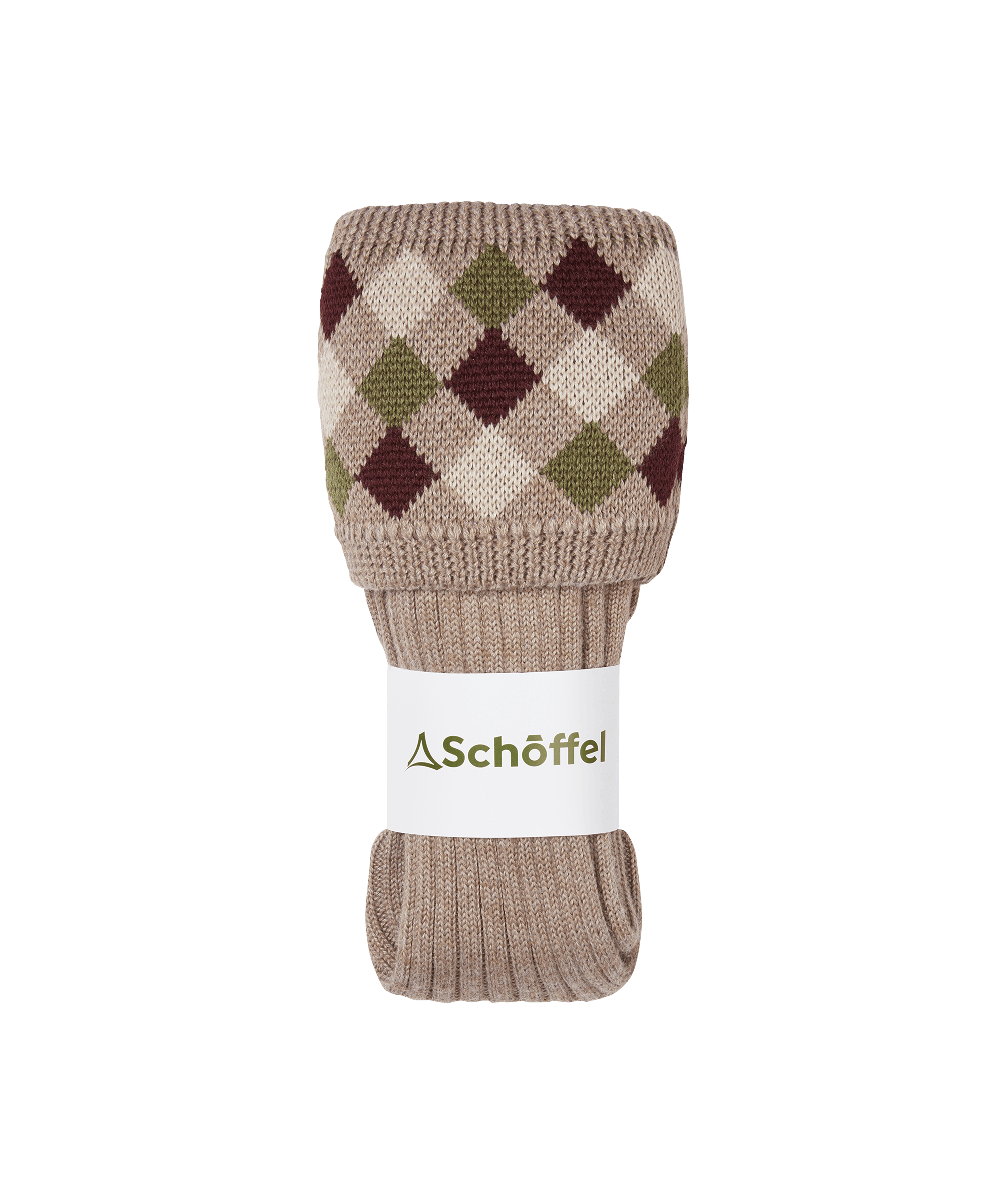 Pair of argyle patterned socks with a visible brand label on a white background