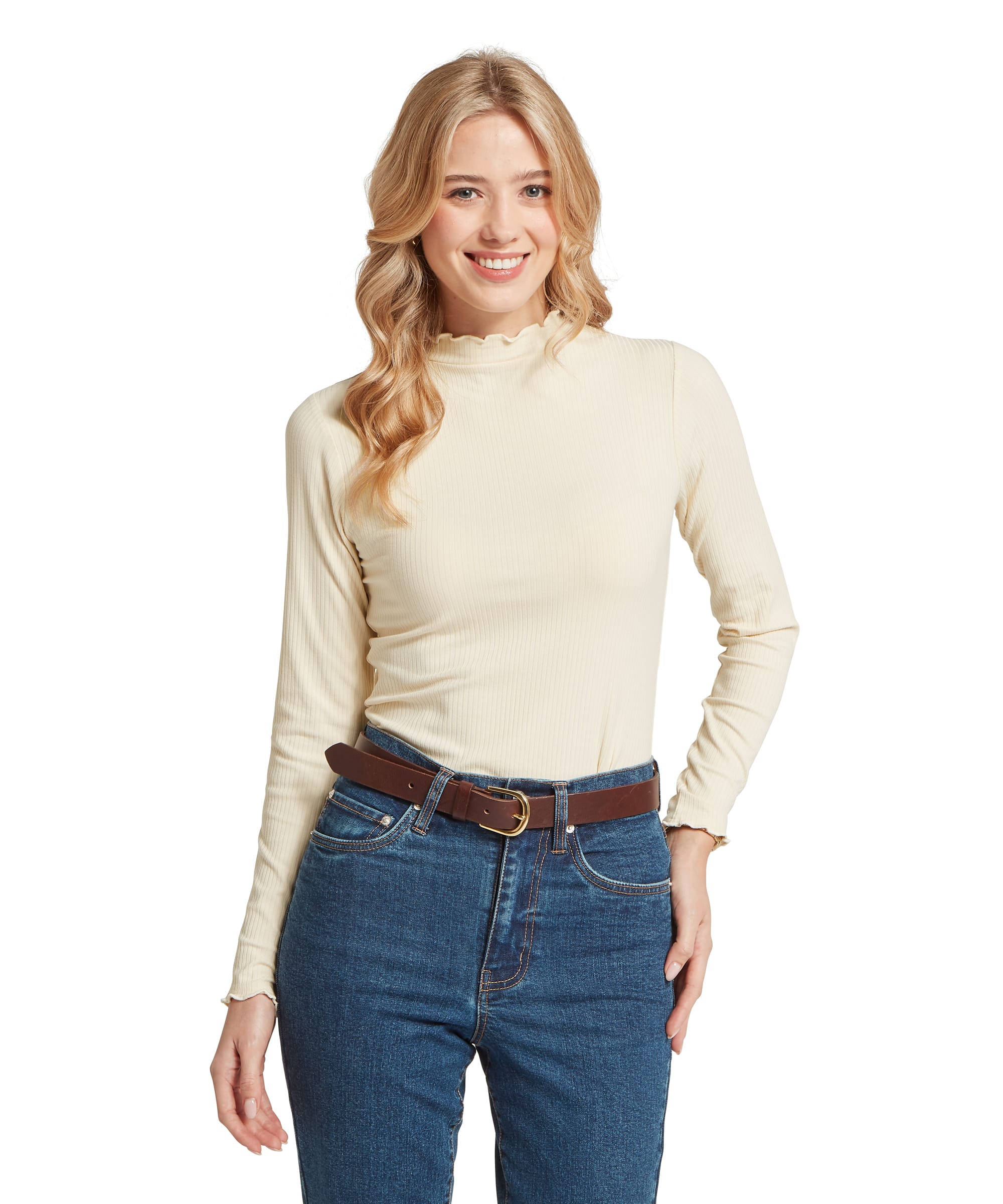 Front view of a woman wearing the Schöffel Women's Roseberry Ribbed Polo Neck Top in Oatmeal, showing the fine-rib knit, delicate lettuce-edge collar and slim fit, styled with blue jeans and a tan leather belt
