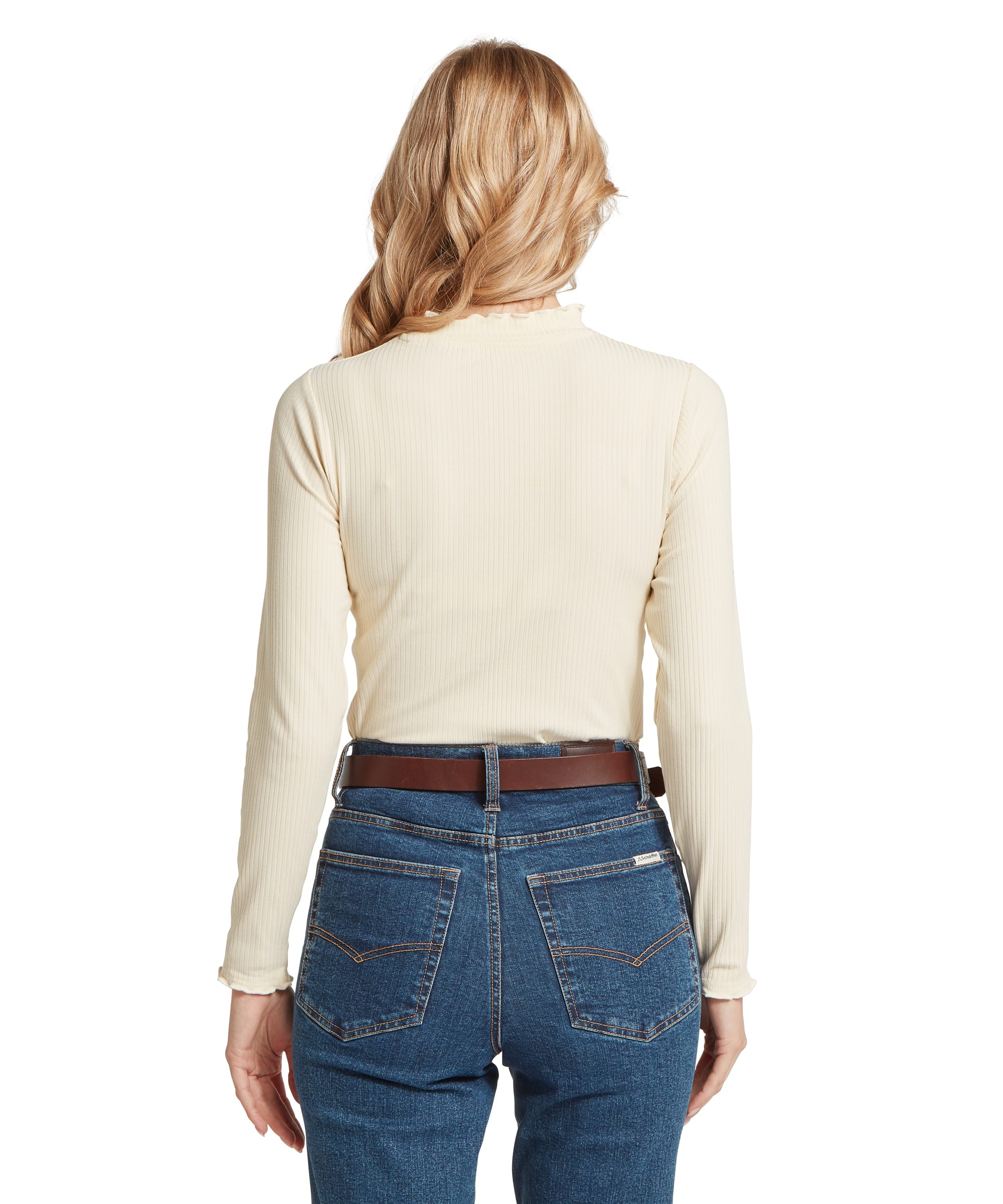 Back view of the Schöffel Women's Roseberry Ribbed Polo Neck Top in Oatmeal, showing the slim fit, ribbed construction and subtle lettuce-edge collar detail, styled with dark blue jeans and a tan leather belt