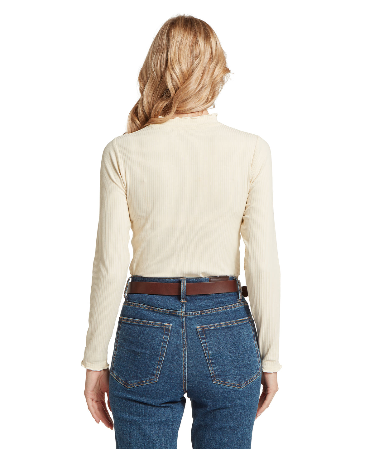Cream-colored ribbed long-sleeve roseberry top with high neckline in soft oat fabric for versatile