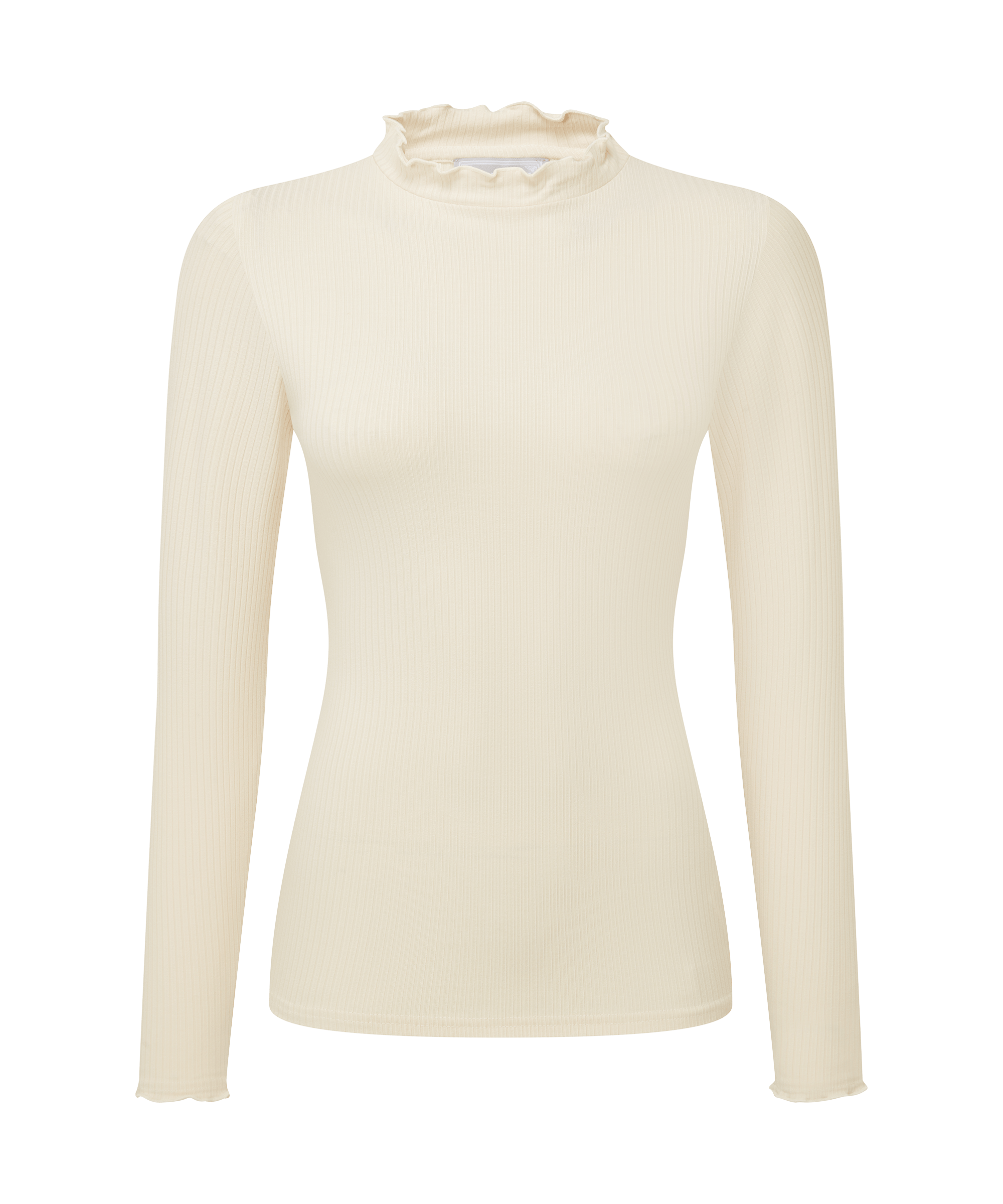 White long-sleeve top with ruffled collar on a white background