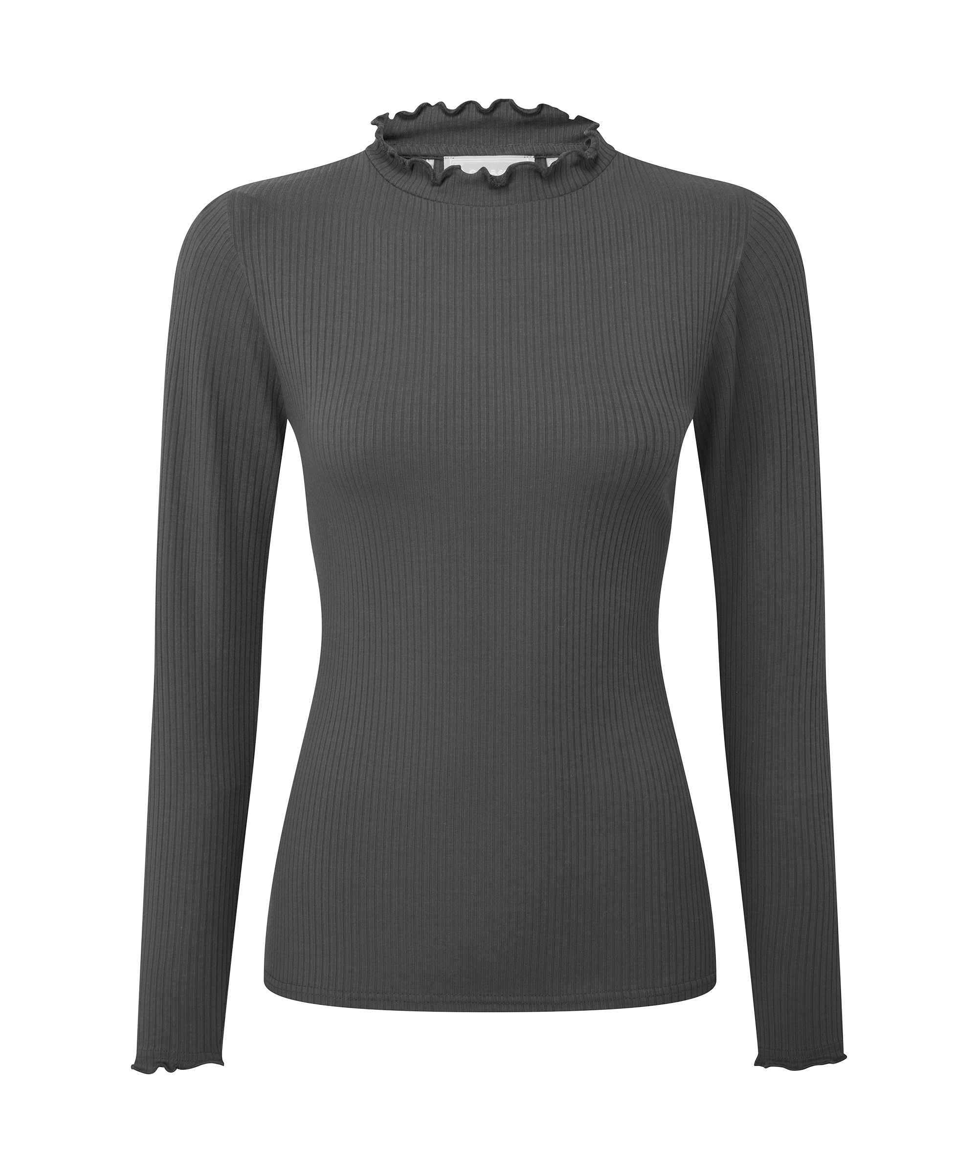 Schöffel Women's Roseberry Top in Black — fitted ribbed long-sleeve top in charcoal black with a delicate frill-neck collar, an elegant and versatile base layer for country and casual dressing