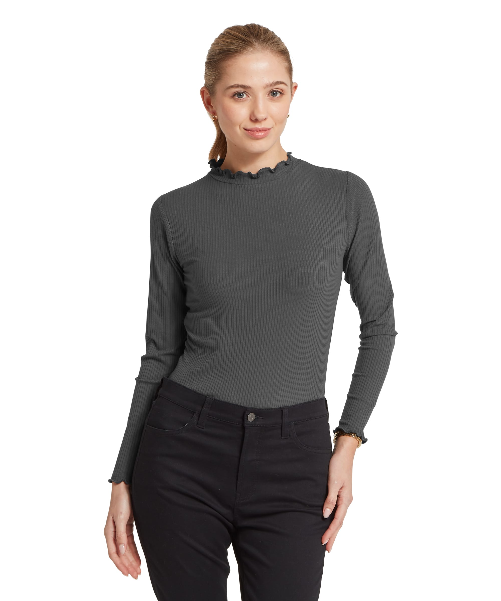 Schöffel Women's Roseberry Top in Charcoal — front view of ribbed long-sleeve top with frilled mock neck and frilled cuffs, styled with black trousers