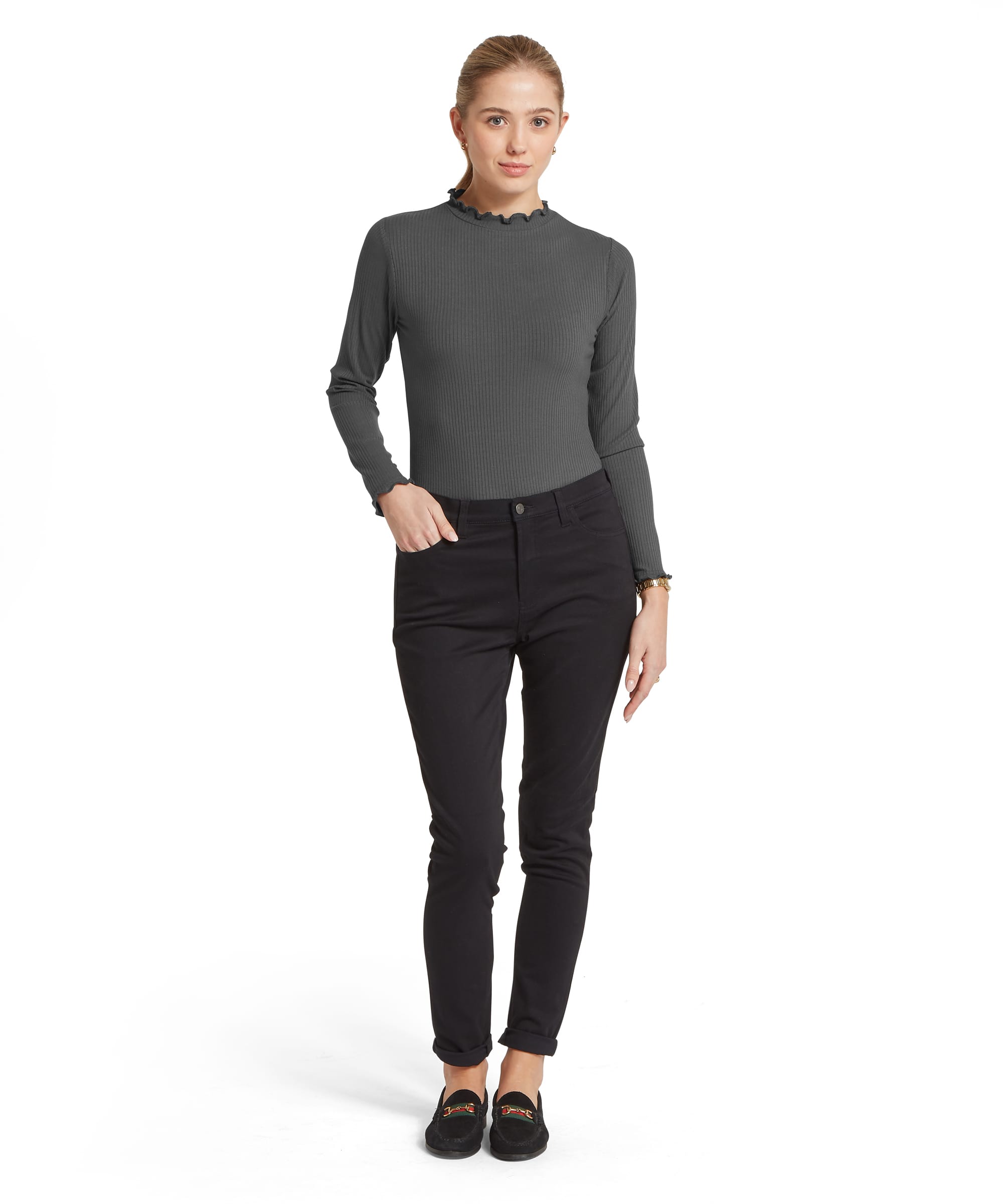 Schöffel Women's Roseberry Top in Charcoal — full-length front view styled with slim black cord trousers and horsebit loafers