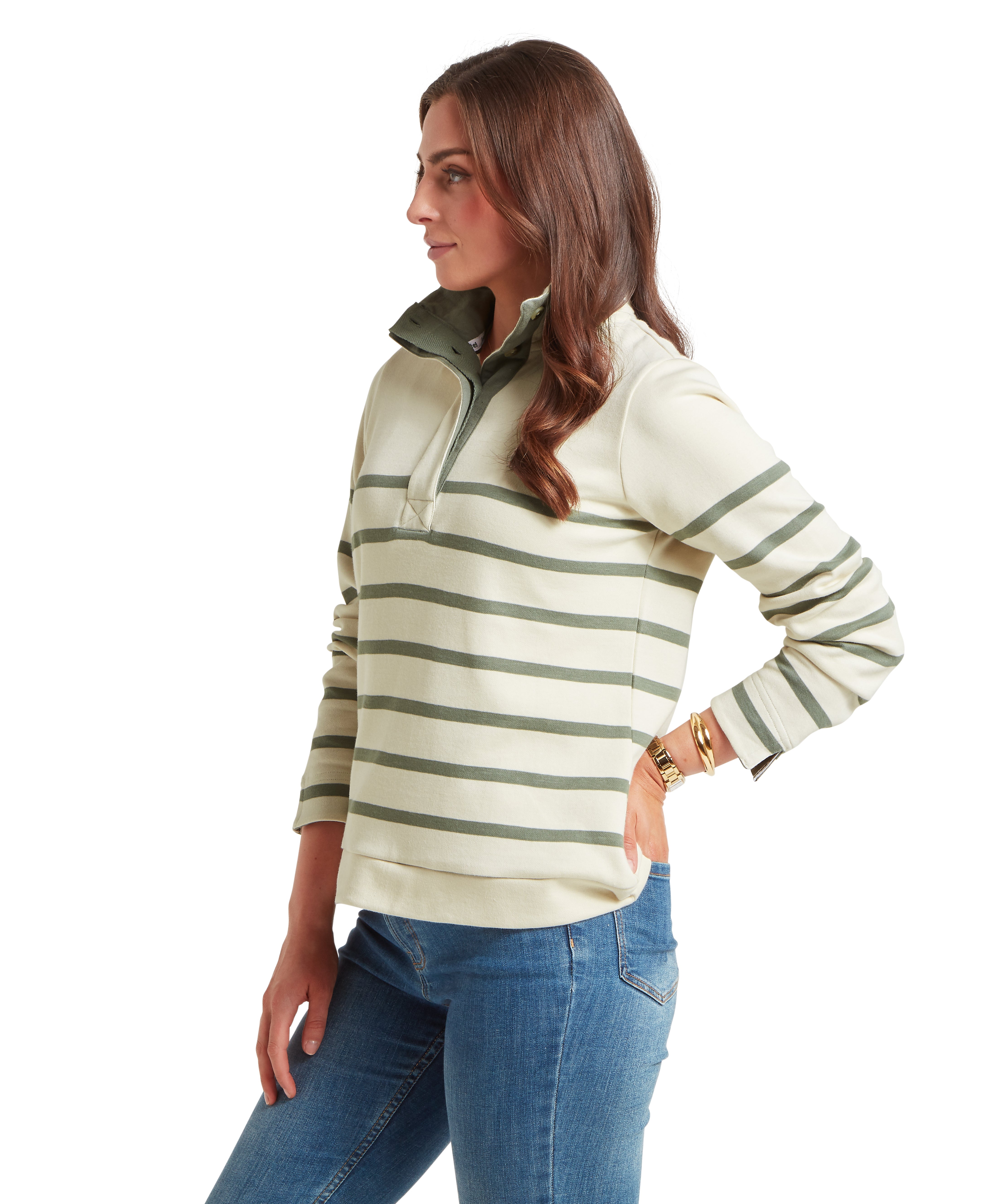 Woman wearing a striped pullover with a white background