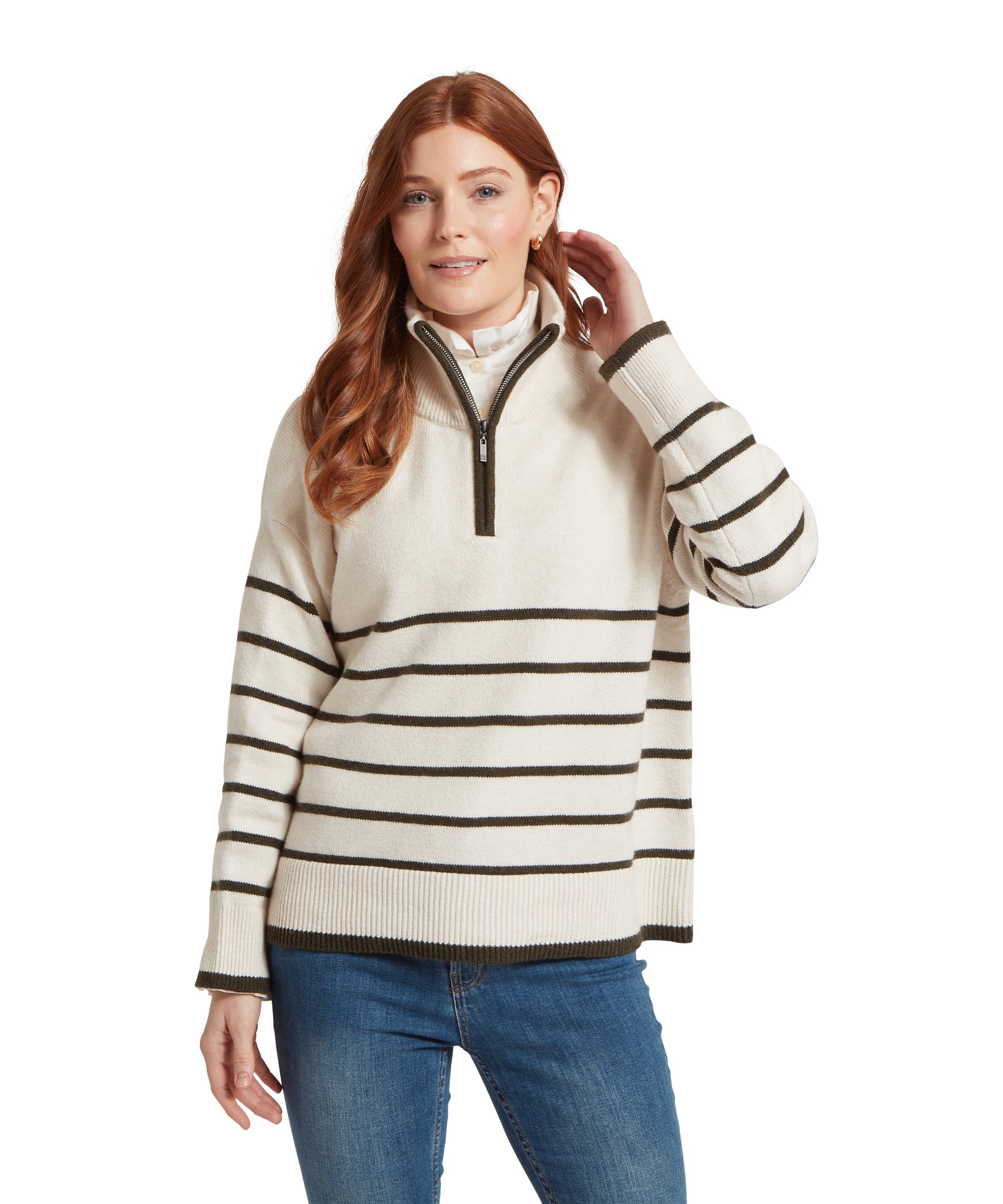 Sandsend Quarter Zip Jumper - Soft White/Loden