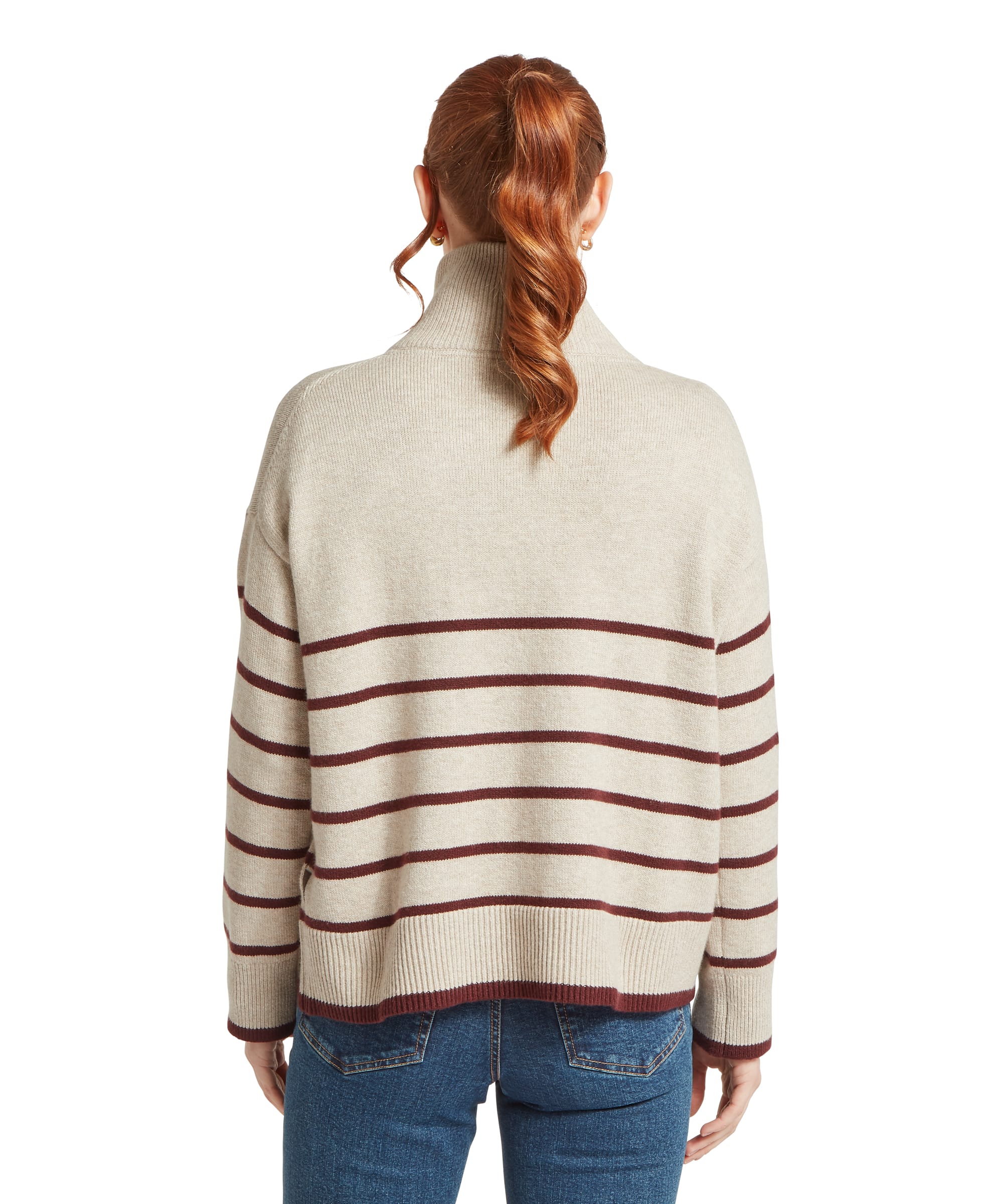 Back view of the Schöffel Women's Sandsend 1/4 Zip Knit Jumper in Oatmeal with burgundy stripe, showing the bold horizontal stripe pattern across the back, generous fit and contrast ribbed hem and cuffs