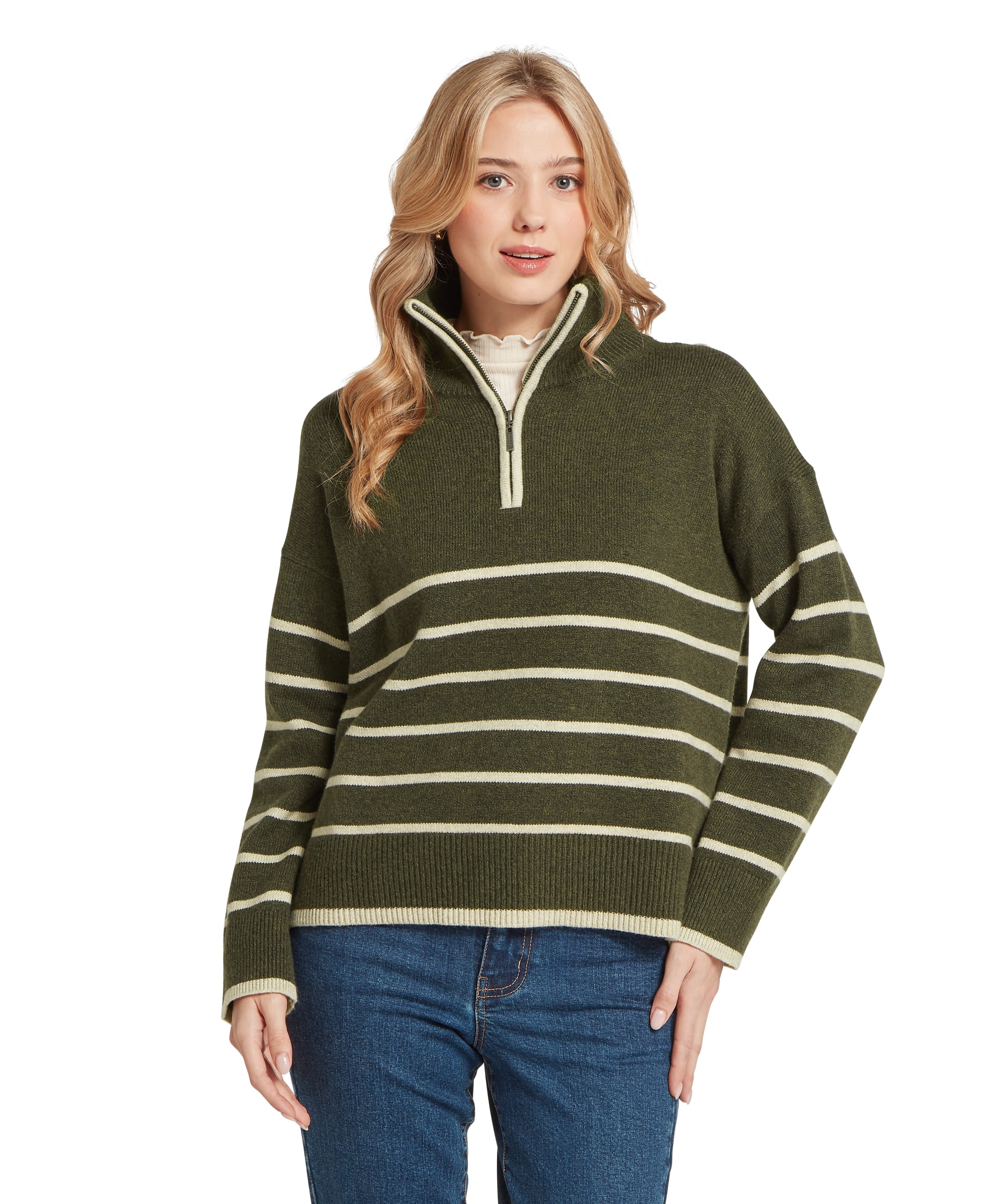 Front view of a woman wearing the Schöffel Women's Sandsend 1/4 Zip Knit Jumper in Khaki Green with cream stripe, featuring a relaxed oversized fit, contrast cream quarter-zip trim and ribbed hem, layered over a cream polo neck and blue jeans