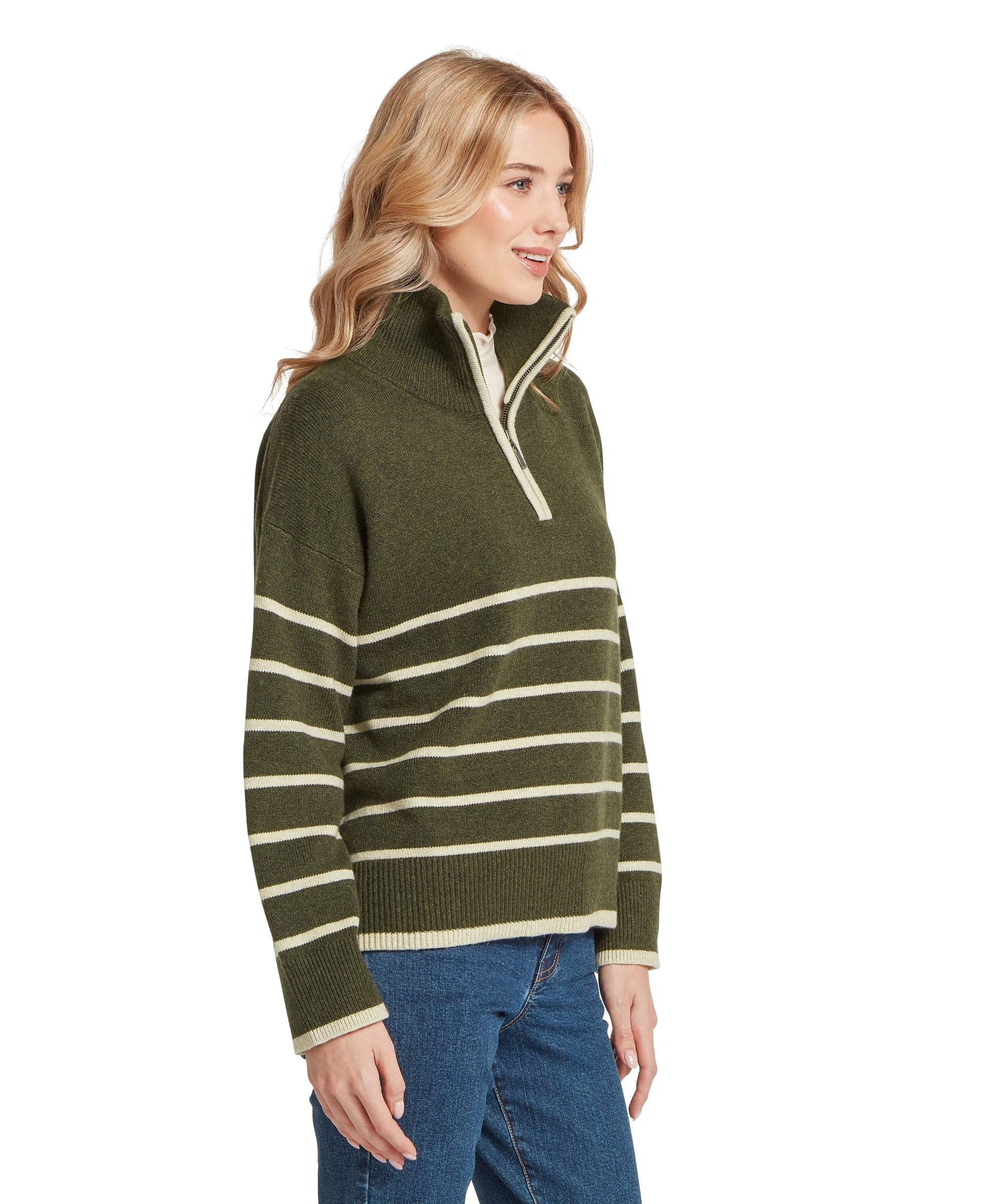Side view of a woman wearing the Schöffel Women's Sandsend 1/4 Zip Knit Jumper in Khaki Green stripe, featuring a classic Breton-inspired stripe, quarter-zip neck and relaxed, oversized silhouette