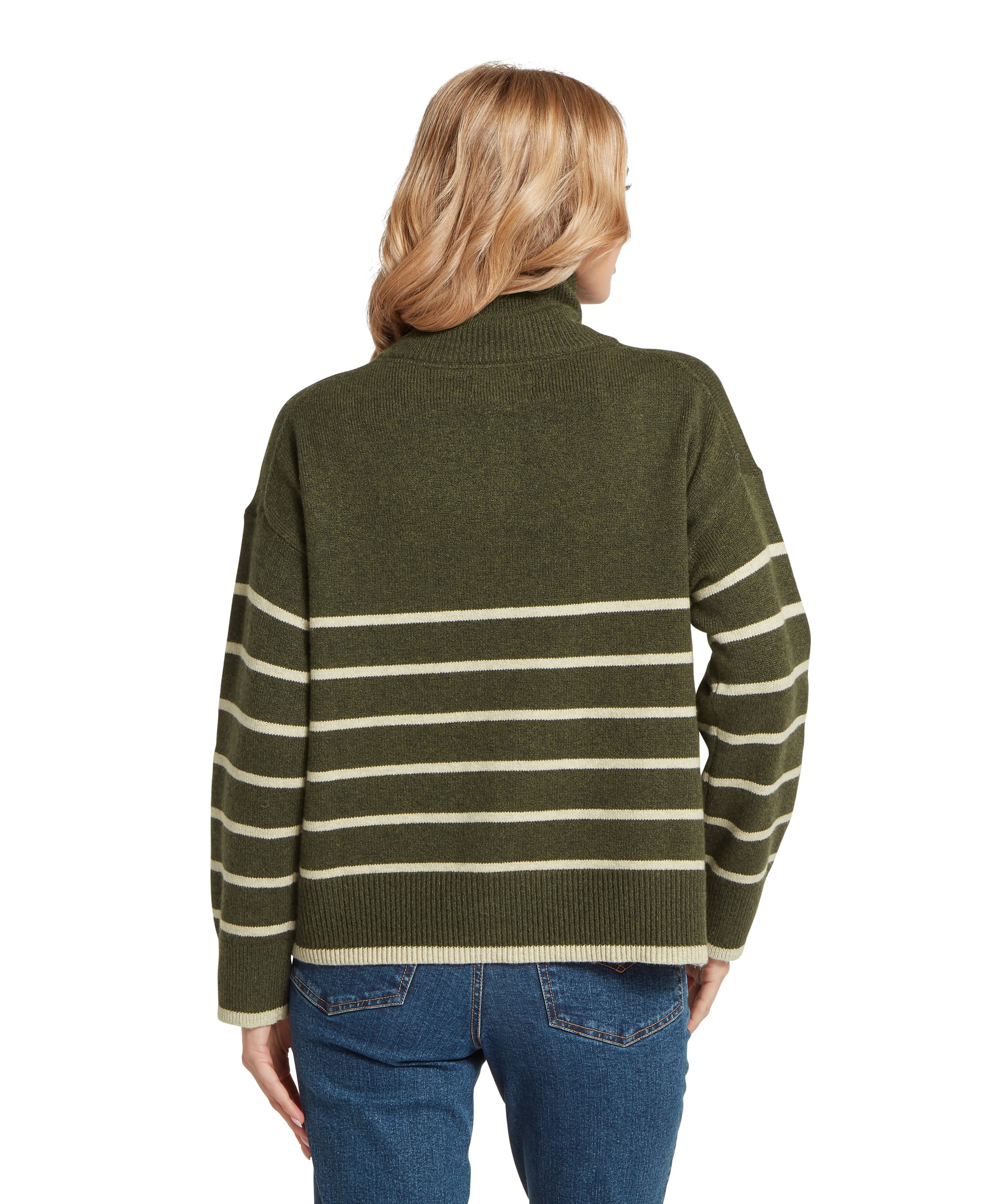 Back view of the Schöffel Women's Sandsend 1/4 Zip Knit Jumper in Khaki Green stripe, showing the bold horizontal stripe pattern, ribbed hem and cuffs, and relaxed boxy fit over blue jeans