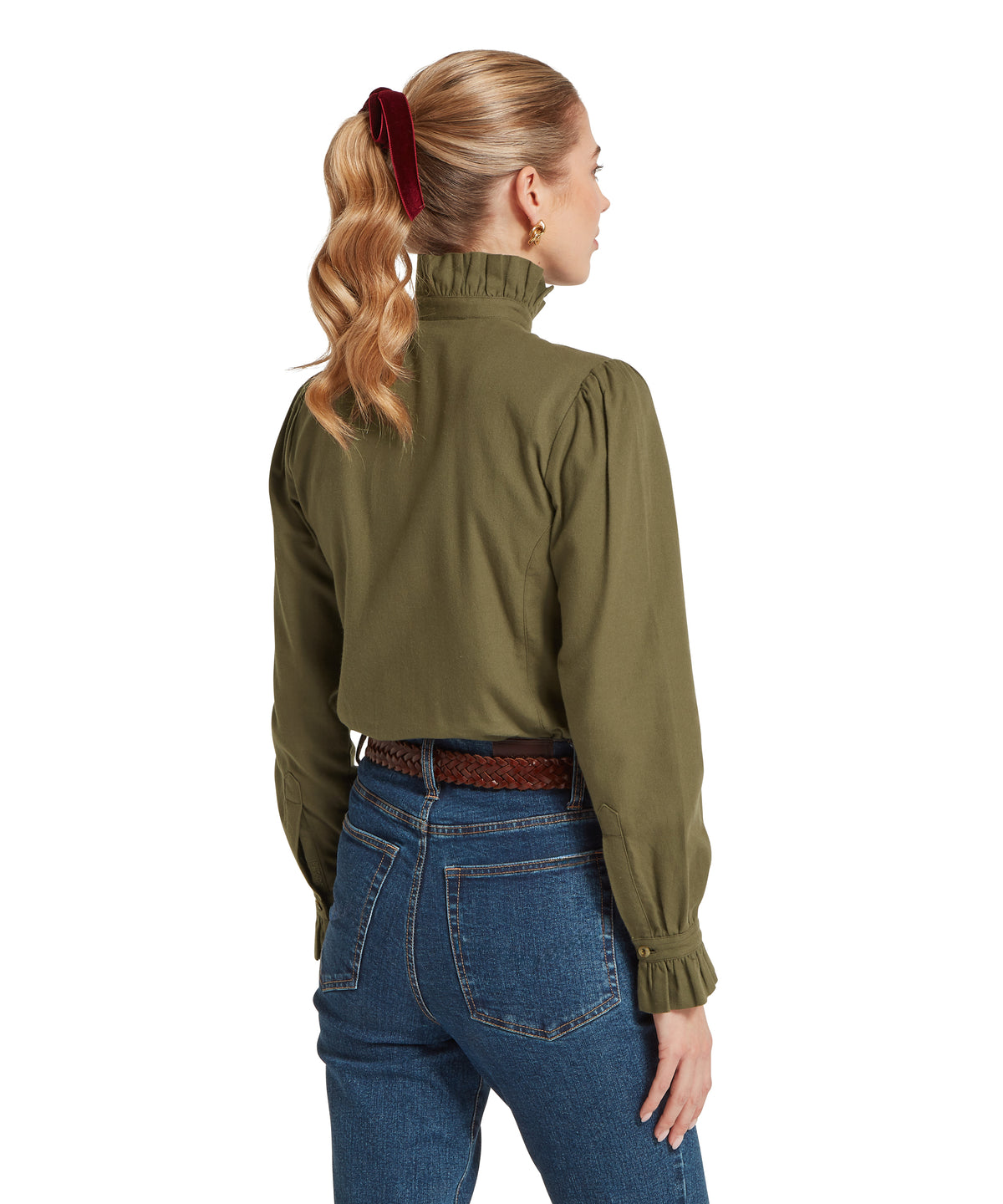 Schöffel's Sheringham Shirt in Green, on model, ruffled cuffs in dark khaki green fabric