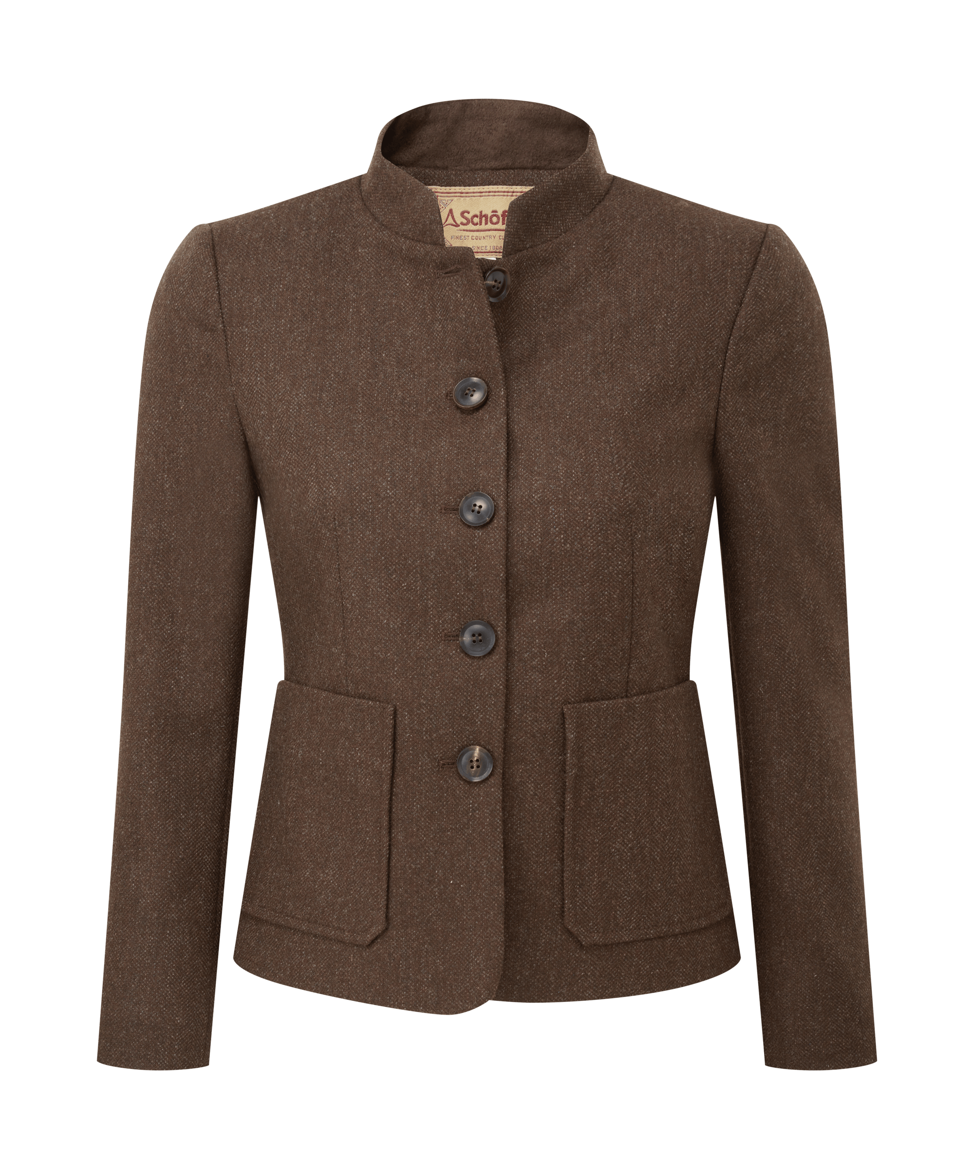 Schöffel Women's St Abbs Tweed Blazer in Brown — structured British tweed blazer with stand collar, patch pockets and horn-effect buttons, crafted for timeless country elegance