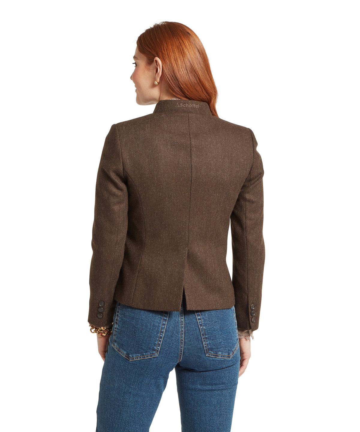 Brown textured st abbs tweed blazer with structured shoulders in chocolate herringbone tweed fabric