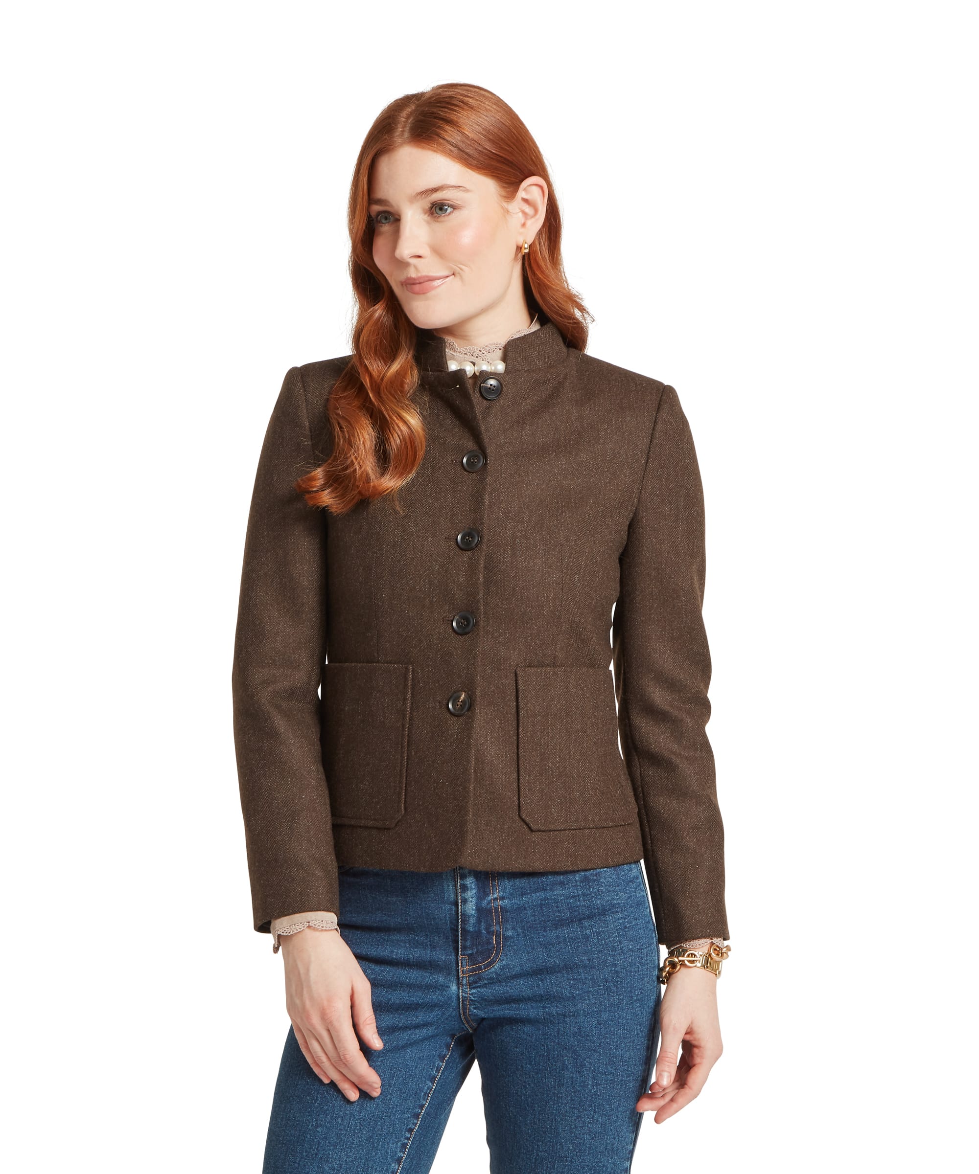 Schöffel Women's St Abbs Tweed Blazer in Brown — front view of fitted collarless jacket with four-button fastening and patch pockets, styled with jeans and lace-collar top
