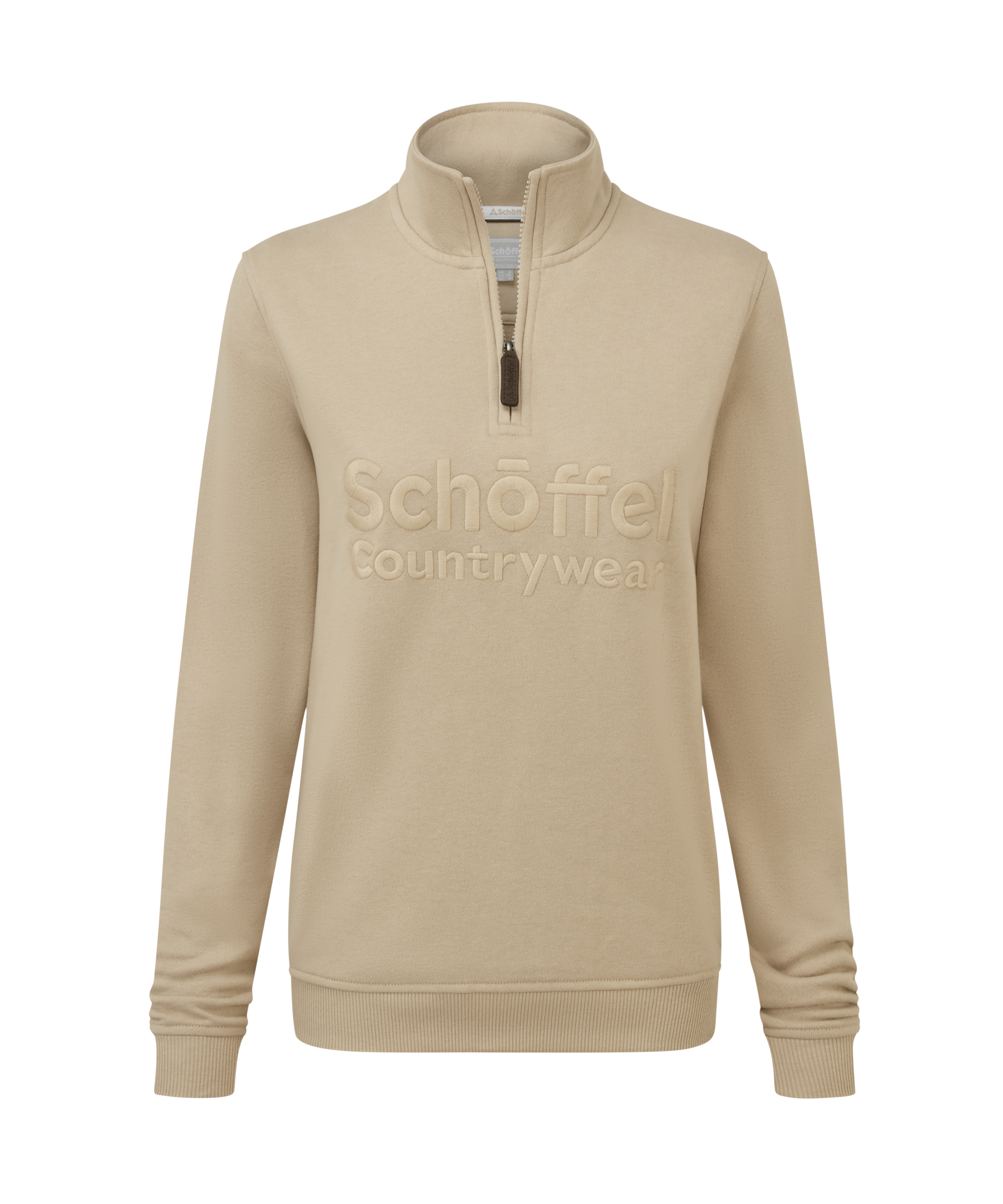 Beige half-zip sweatshirt with Schoffel Countrywear logo on a white background
