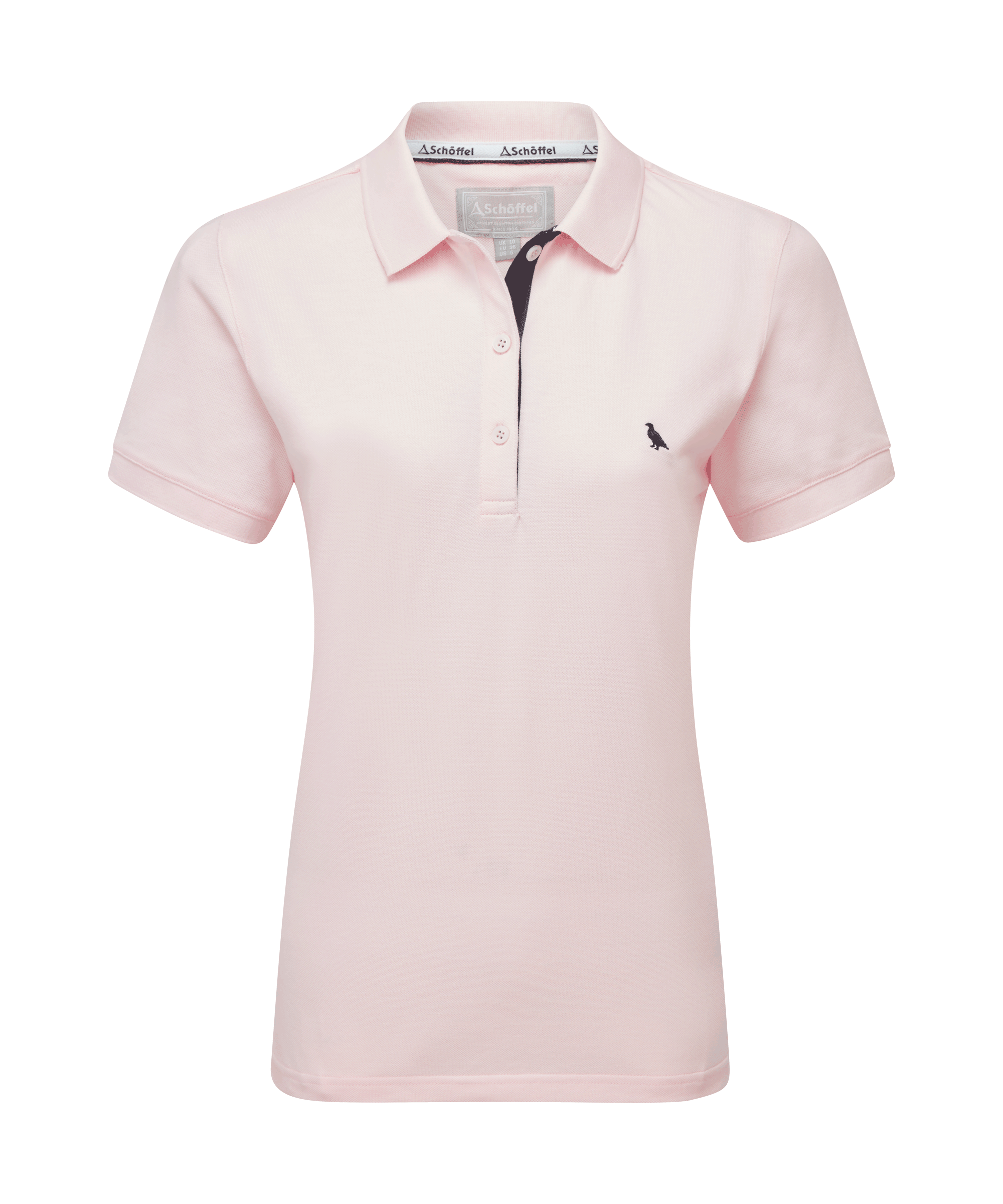 Schöffel St Ives women's polo shirt in pale pink, cutout front view showing fitted feminine cut, classic collar with logo tape trim, button placket, short sleeves, and embroidered pheasant motif on the chest.