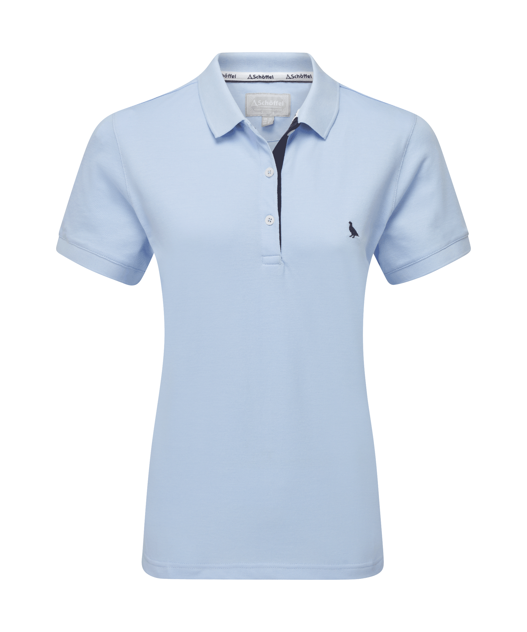 Schöffel Women's St Ives Polo Shirt in pale blue, cutout front view, short-sleeve polo with contrast navy placket trim and embroidered grouse motif