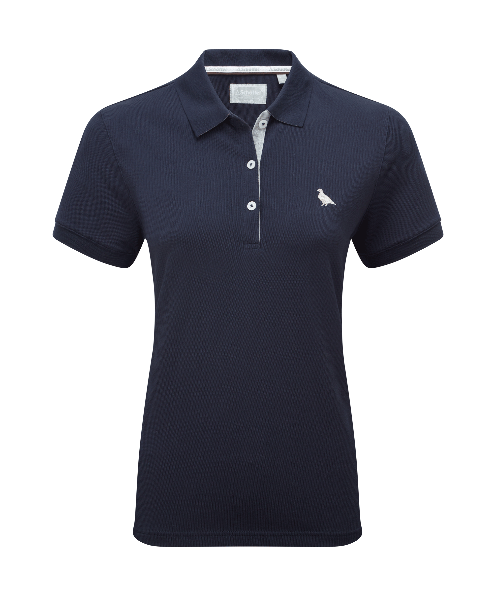 Schöffel Women's St Ives Polo Shirt in navy, cutout front view, short-sleeve polo with contrast grey placket trim and embroidered grouse motif